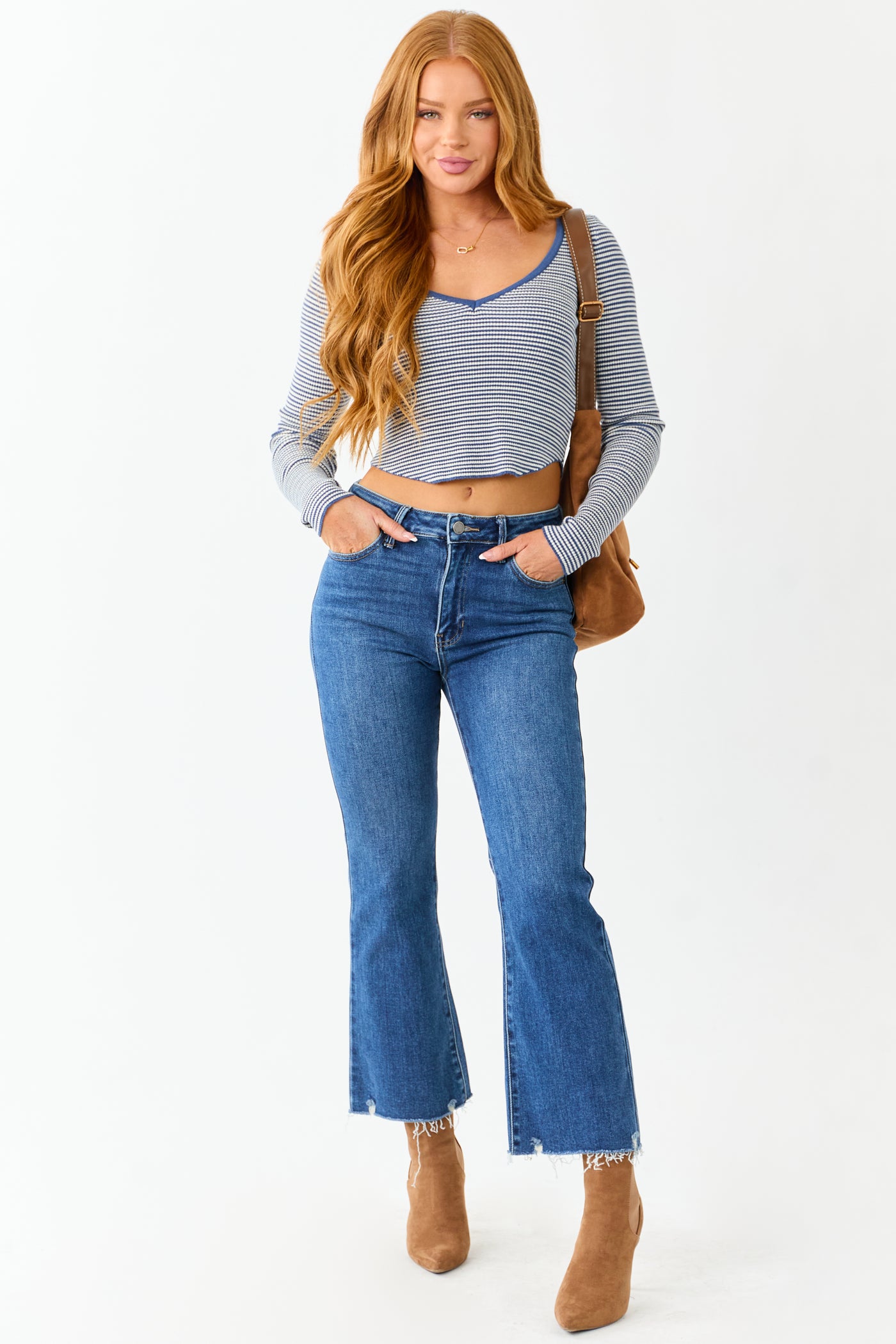 Dark Wash High Rise Cropped Flare Stretchy Jeans