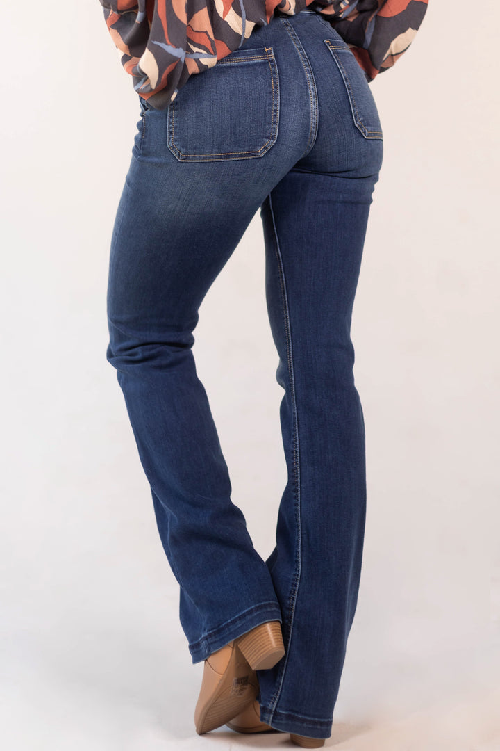 Dark Wash High Rise Double Button Bootcut Jeans