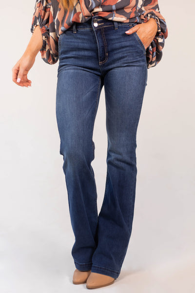Dark Wash High Rise Double Button Bootcut Jeans