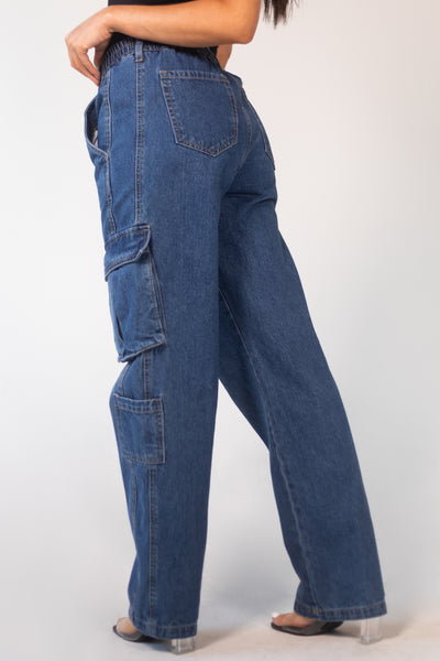Dark Wash High Rise Elastic Waist Cargo Jeans