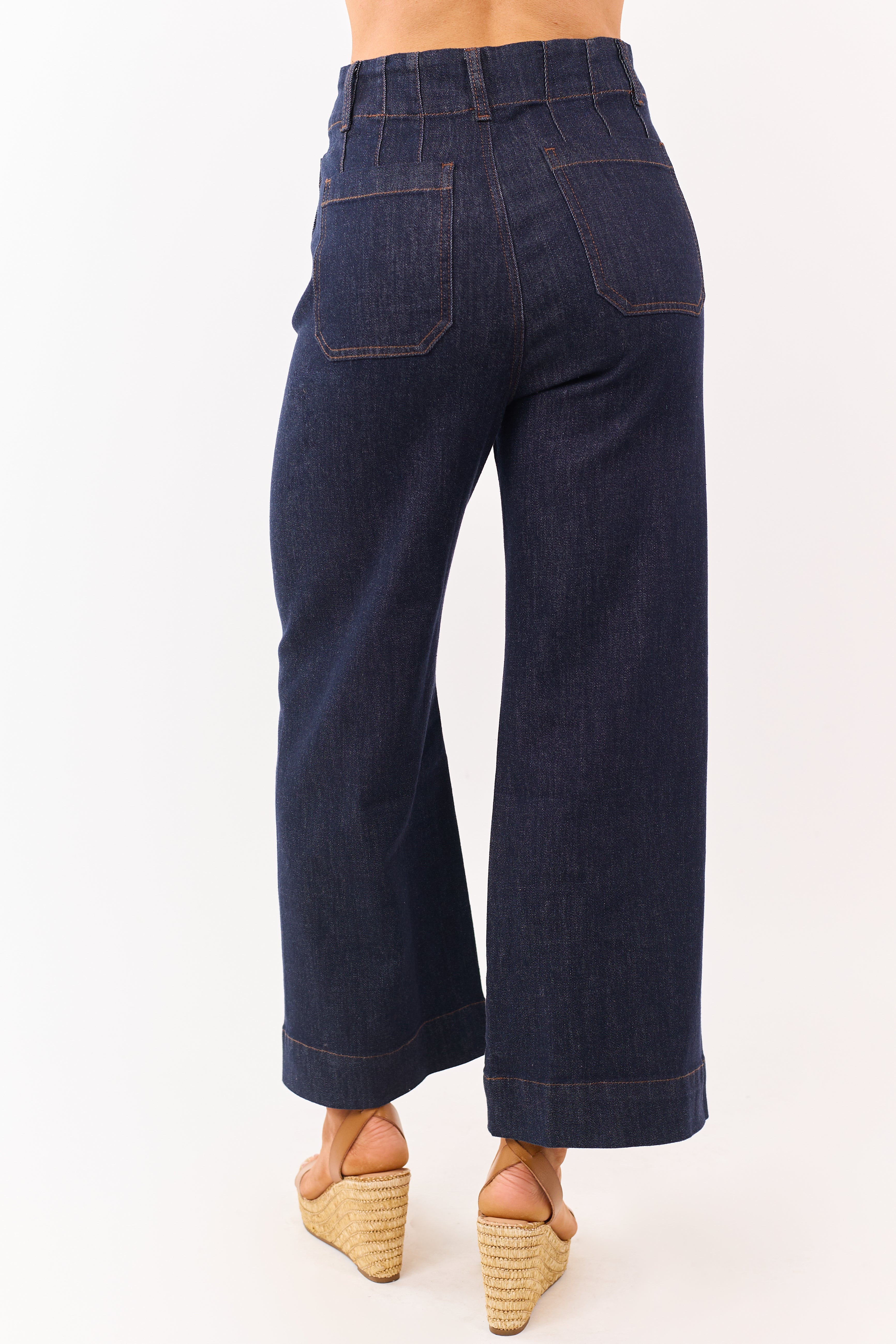 Dark Wash High Rise Patch Pocket Wide Denim Pants