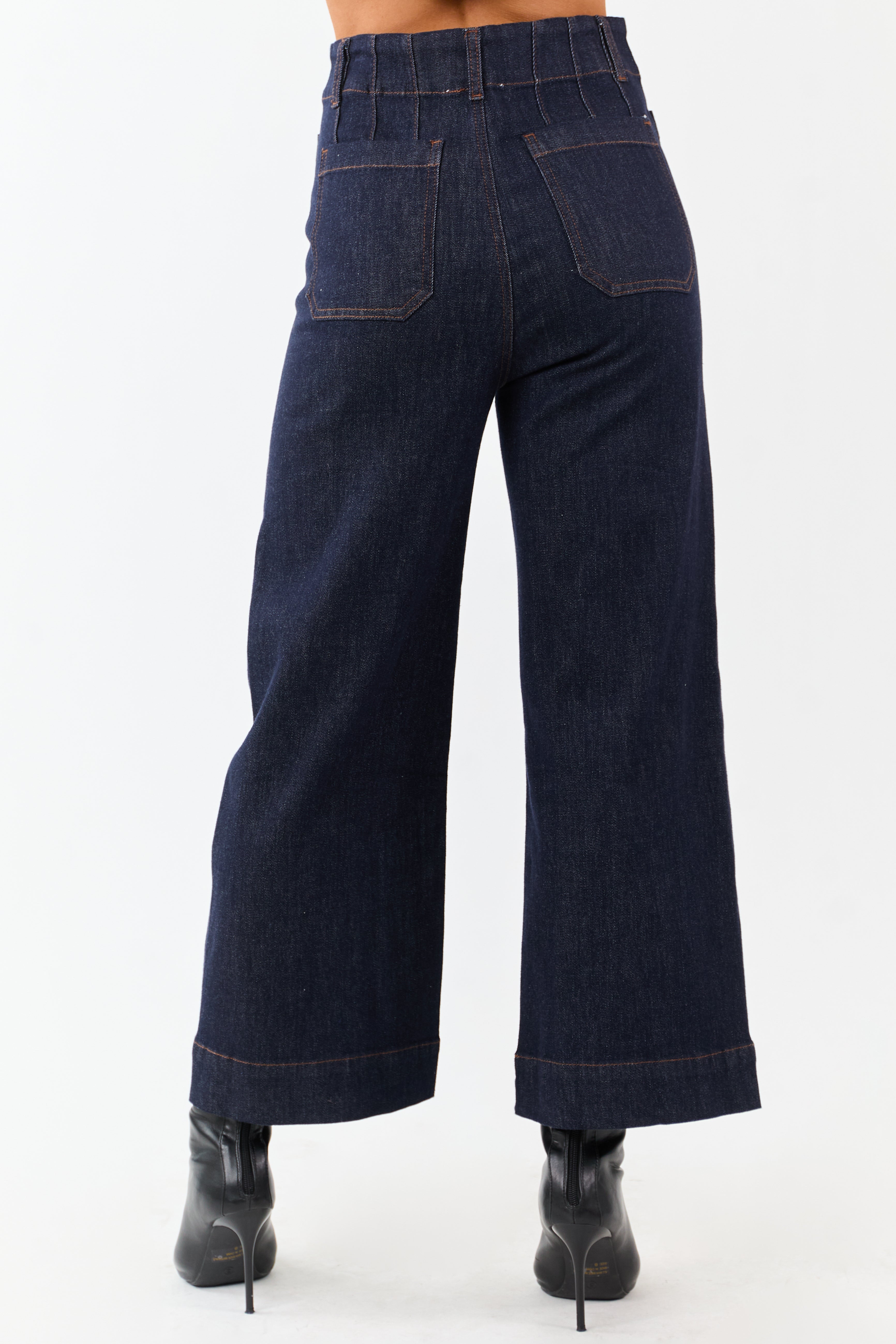 Dark Wash High Rise Patch Pocket Wide Denim Pants