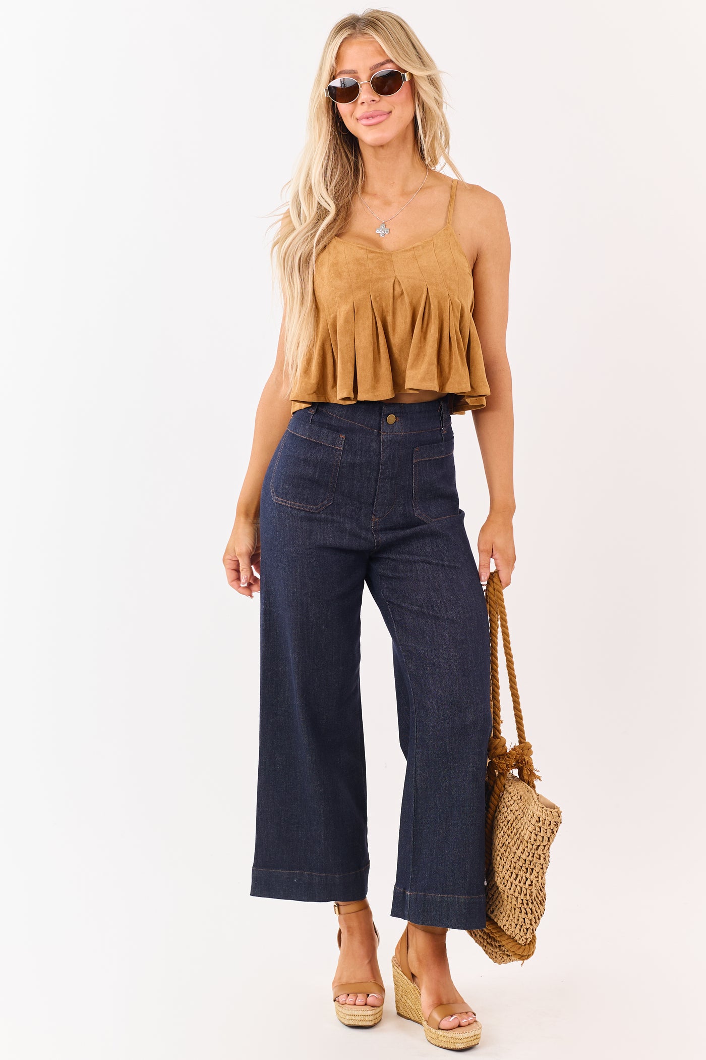 Dark Wash High Rise Patch Pocket Wide Denim Pants