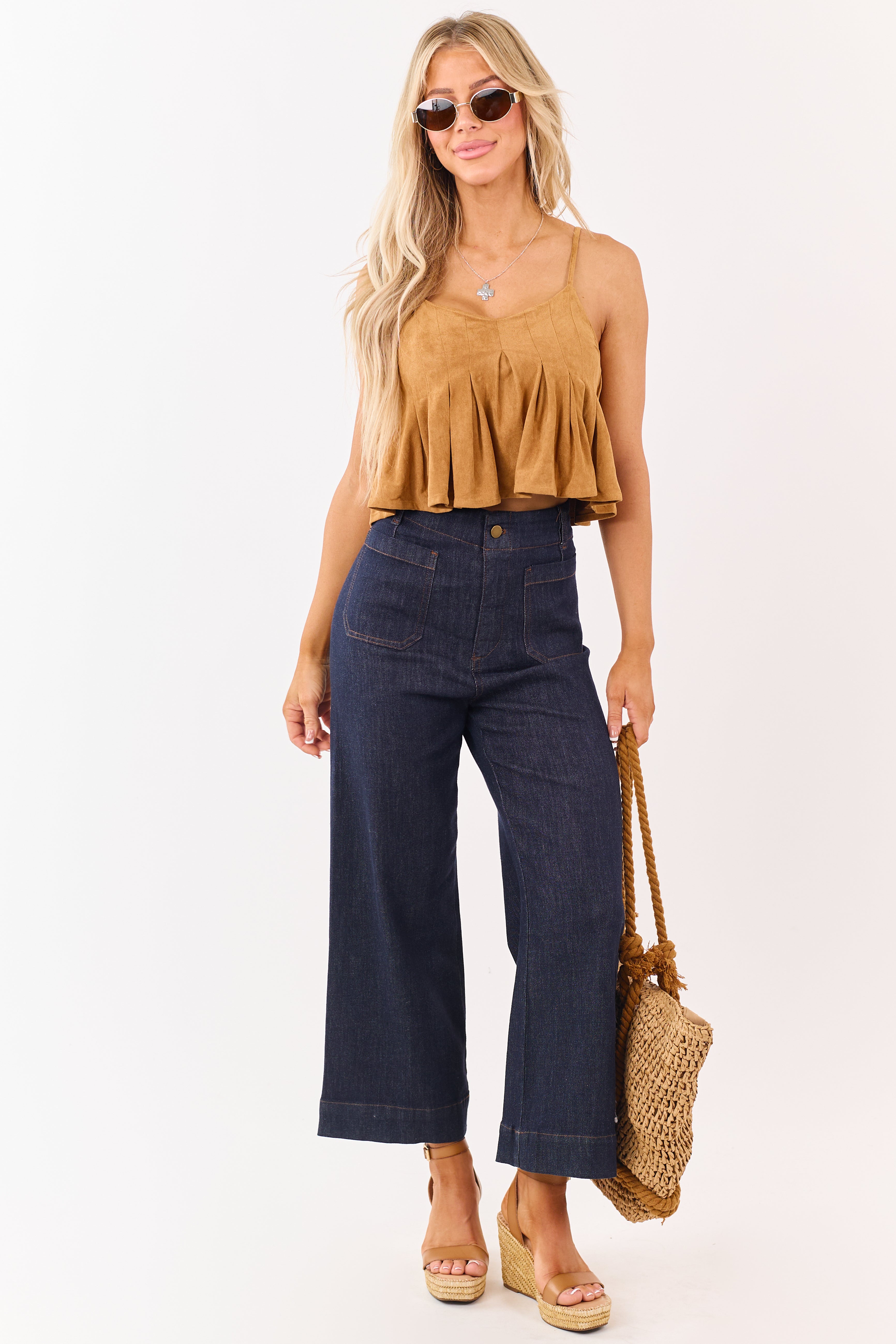 Dark Wash High Rise Patch Pocket Wide Denim Pants