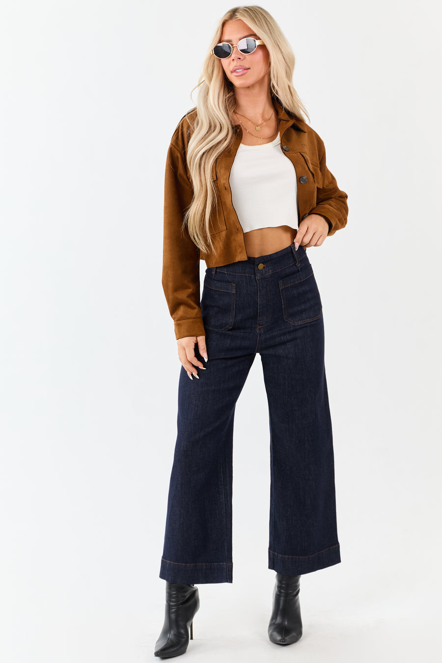 Dark Wash High Rise Patch Pocket Wide Denim Pants
