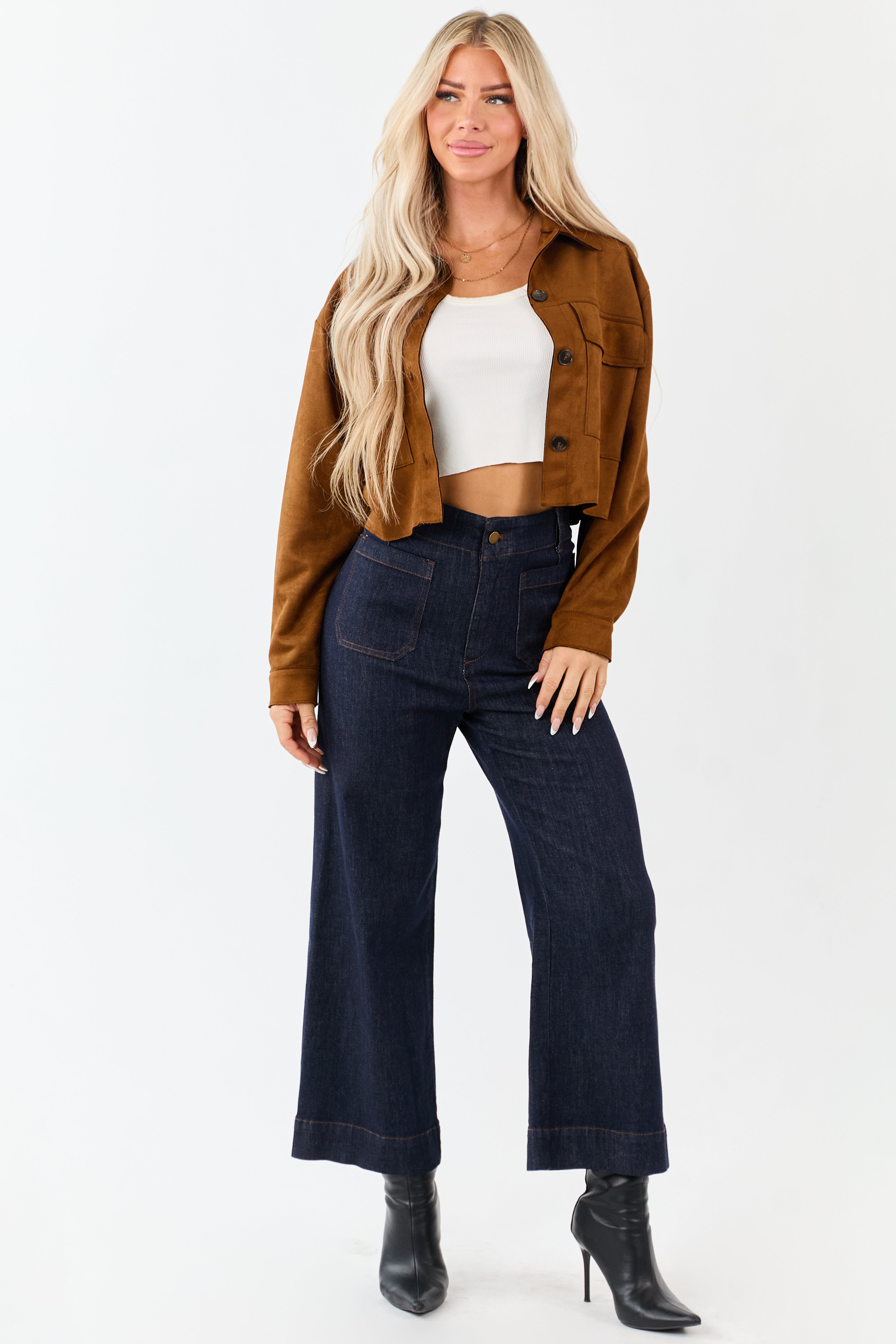 Dark Wash High Rise Patch Pocket Wide Denim Pants