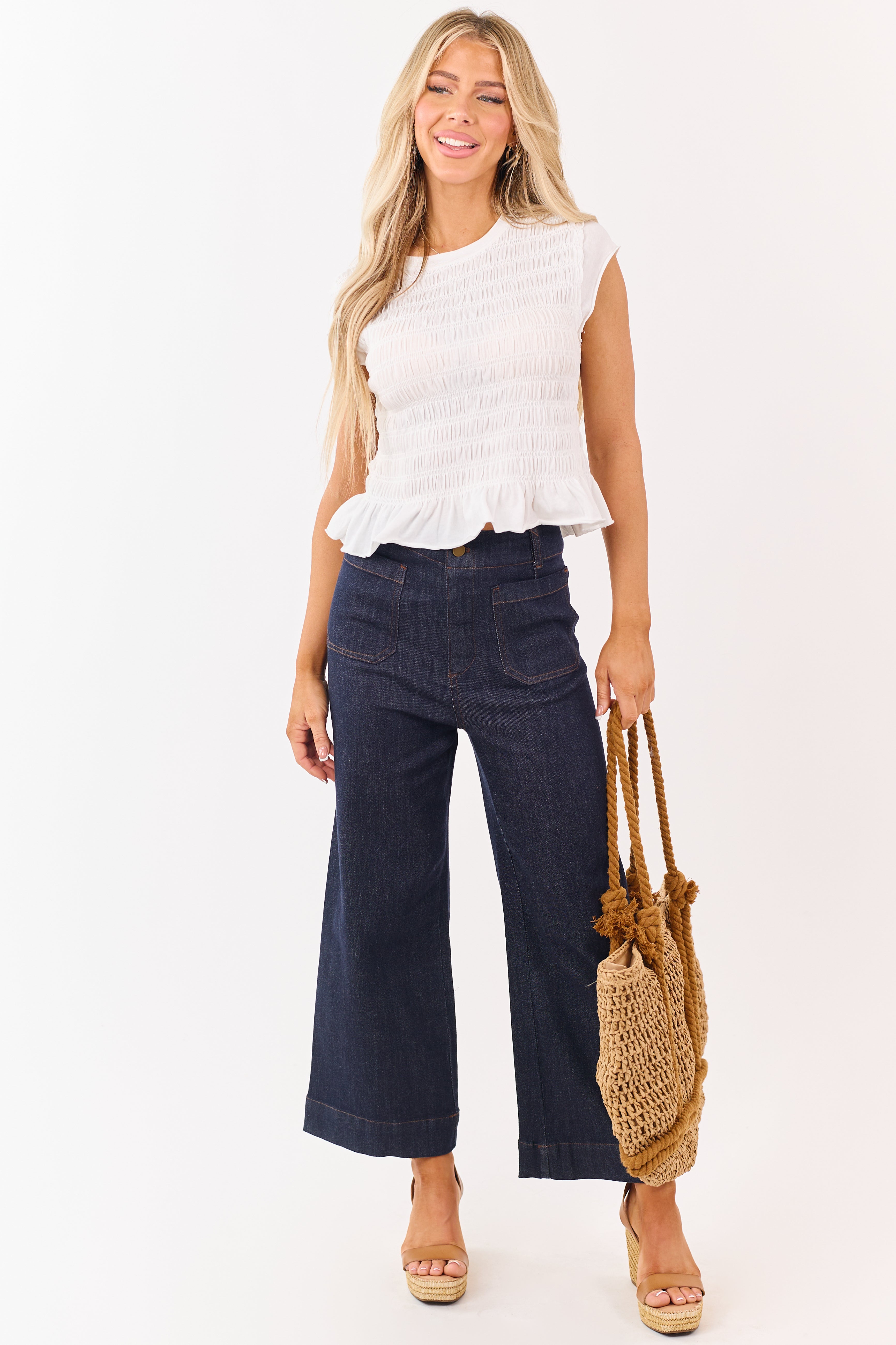 Dark Wash High Rise Patch Pocket Wide Denim Pants