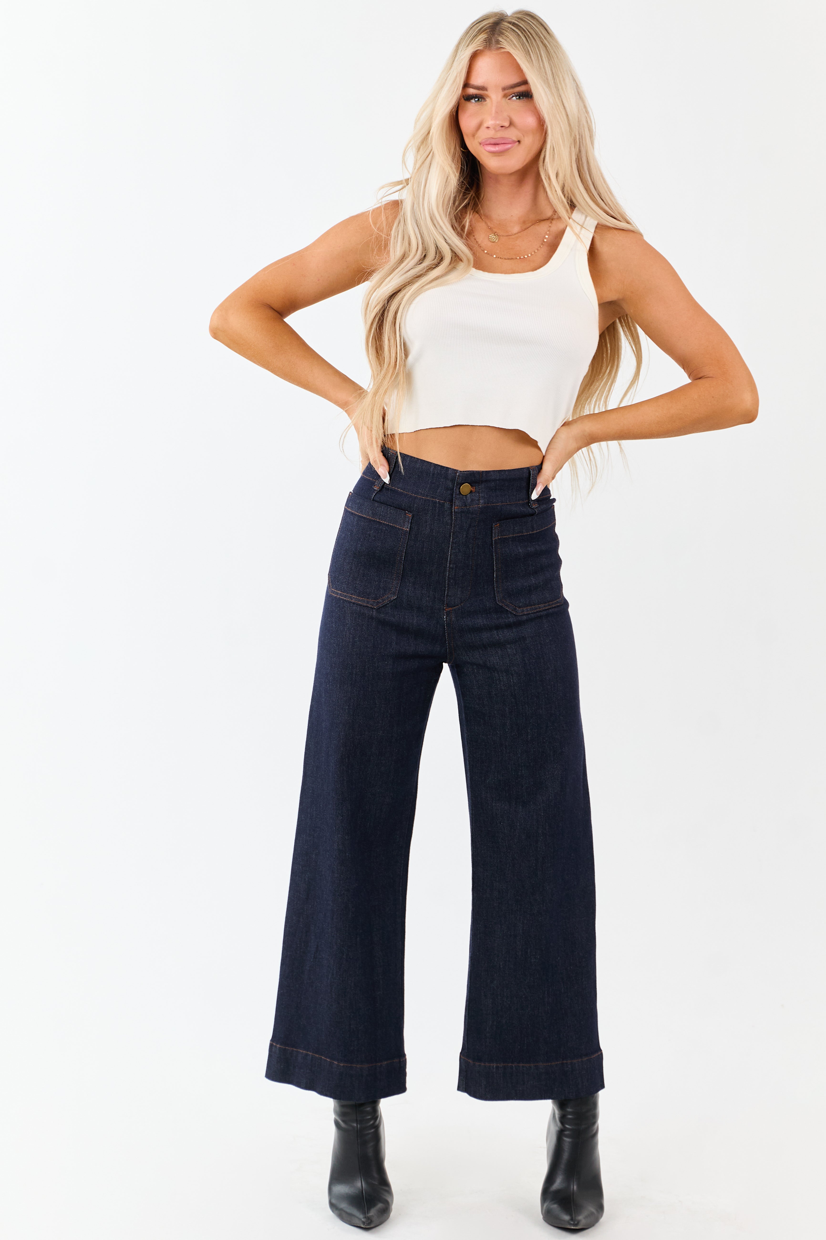 Dark Wash High Rise Patch Pocket Wide Denim Pants
