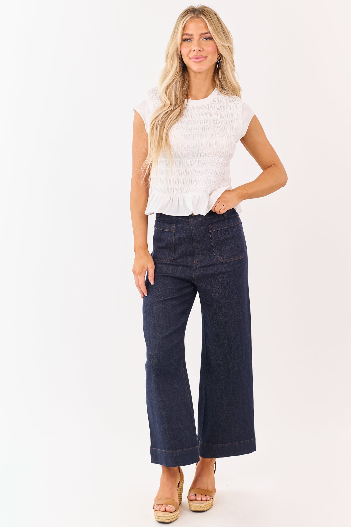 Dark Wash High Rise Patch Pocket Wide Denim Pants