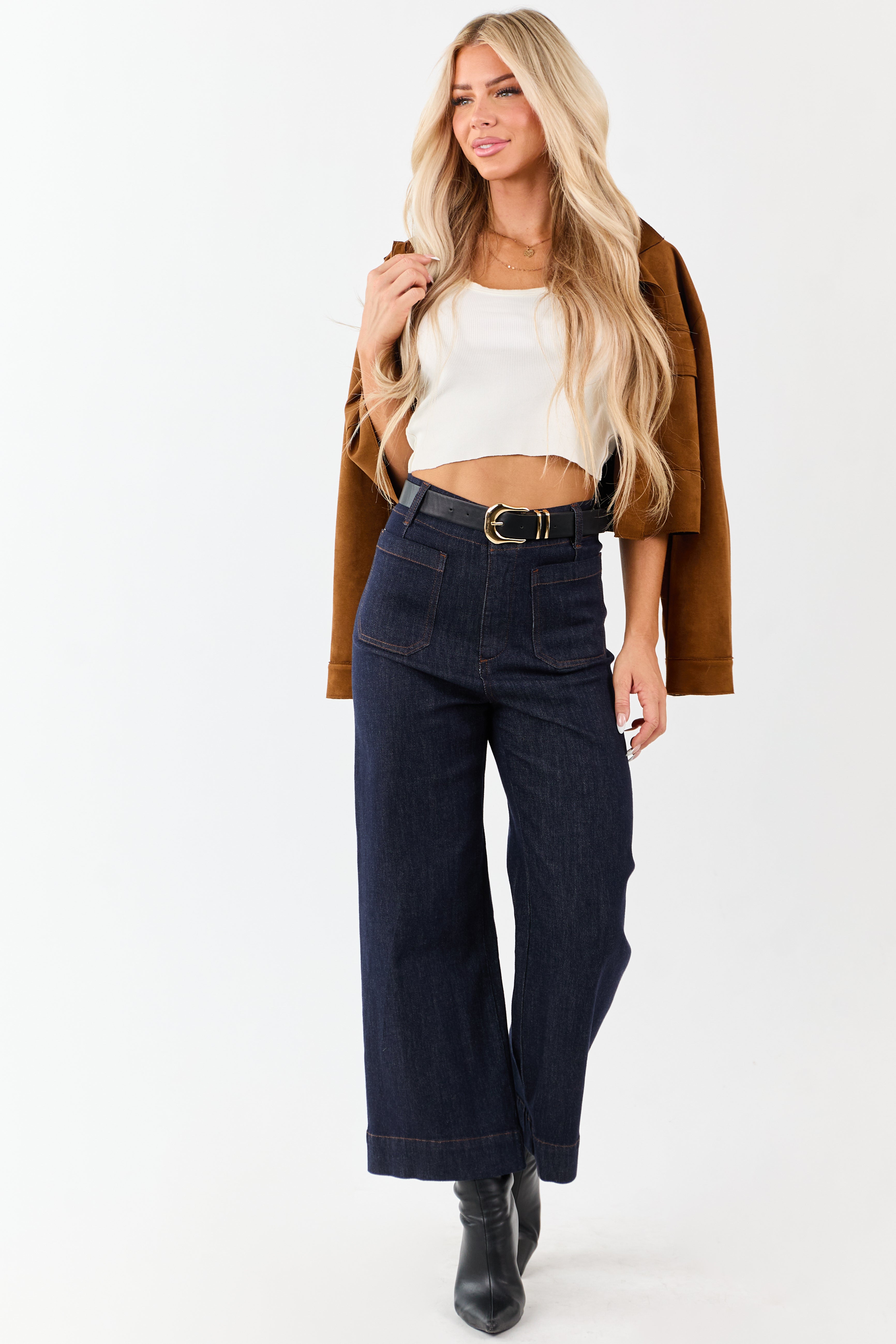 Dark Wash High Rise Patch Pocket Wide Denim Pants