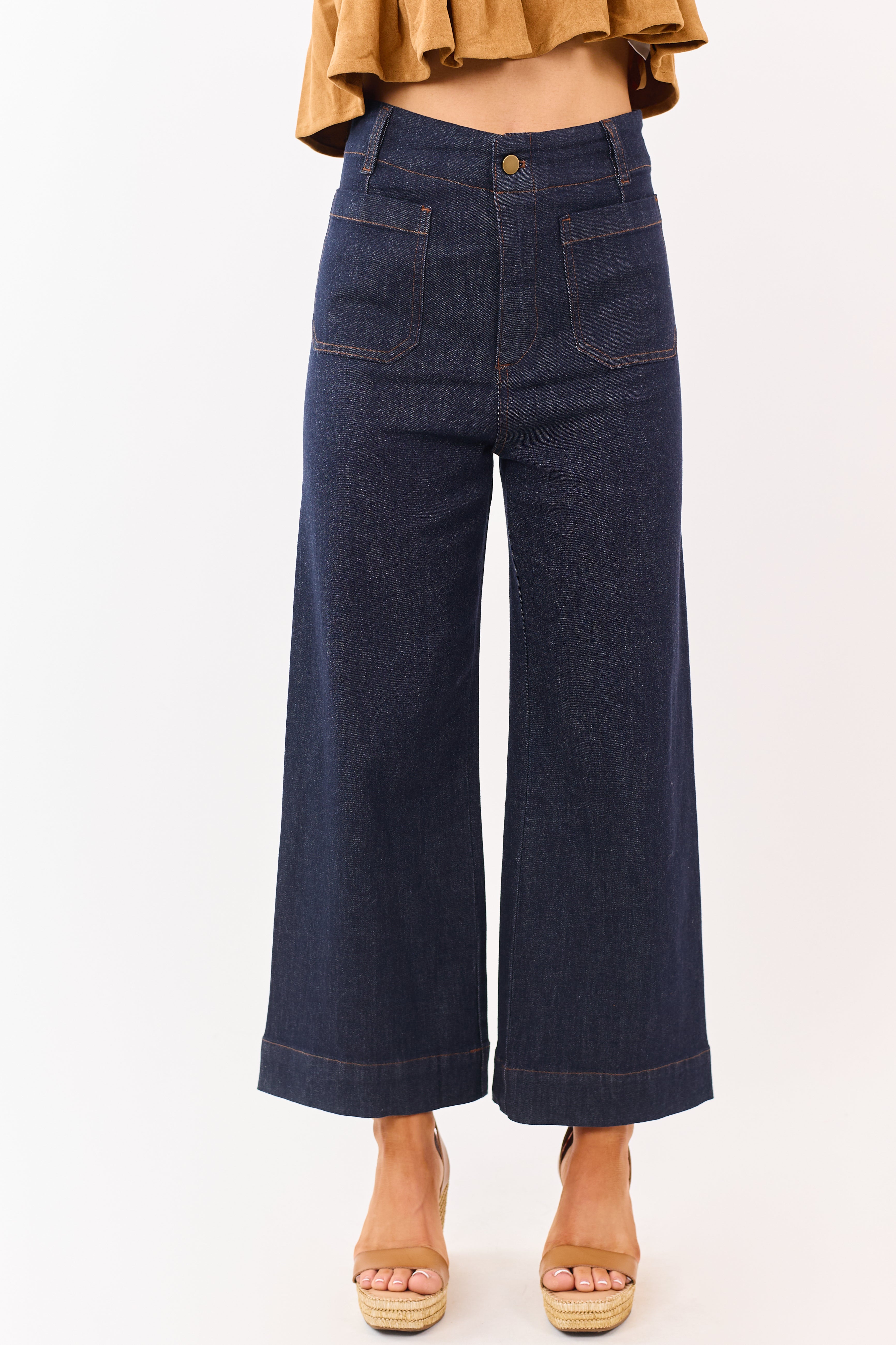 Dark Wash High Rise Patch Pocket Wide Denim Pants