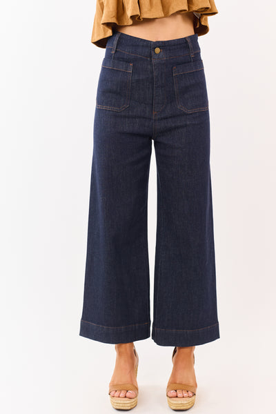 Dark Wash High Rise Patch Pocket Wide Denim Pants