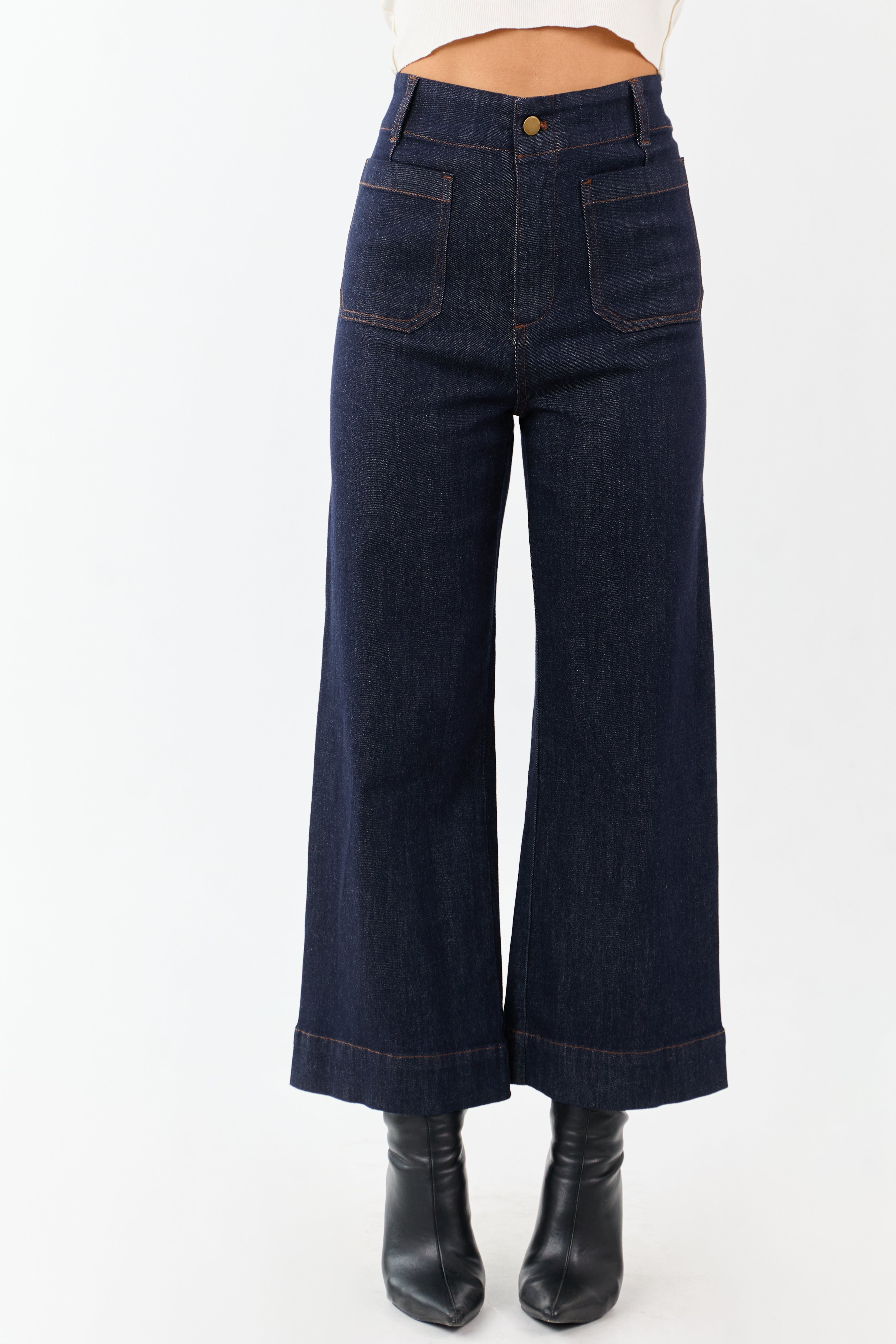 Dark Wash High Rise Patch Pocket Wide Denim Pants
