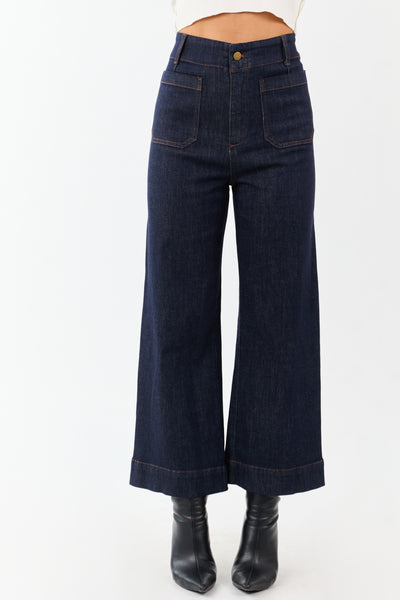 Dark Wash High Rise Patch Pocket Wide Denim Pants
