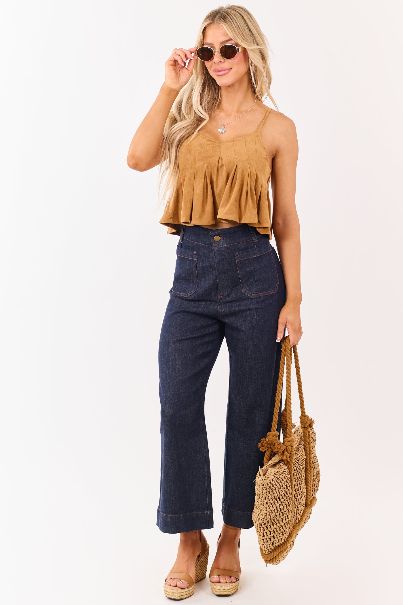 Dark Wash High Rise Patch Pocket Wide Denim Pants