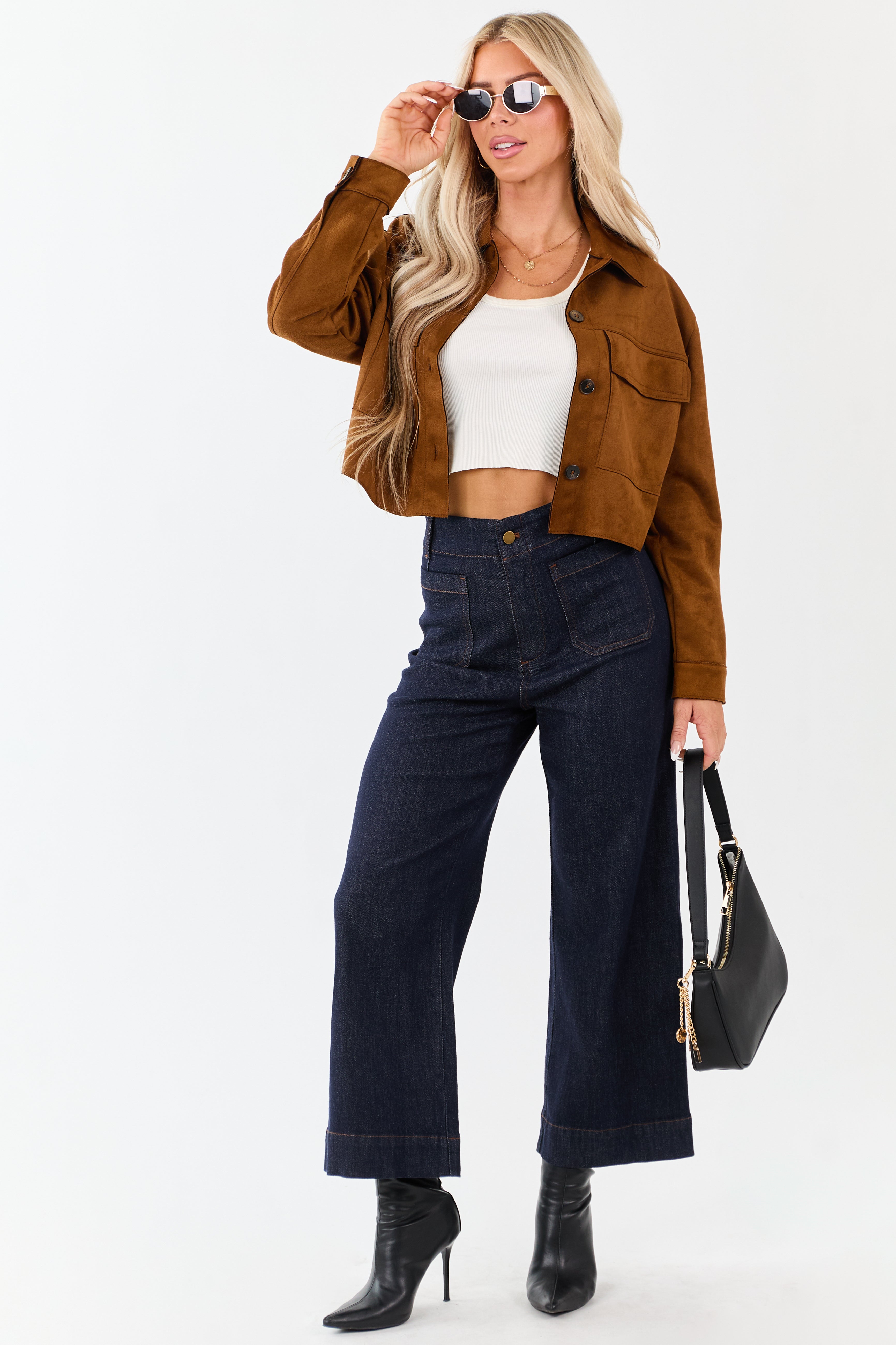 Dark Wash High Rise Patch Pocket Wide Denim Pants