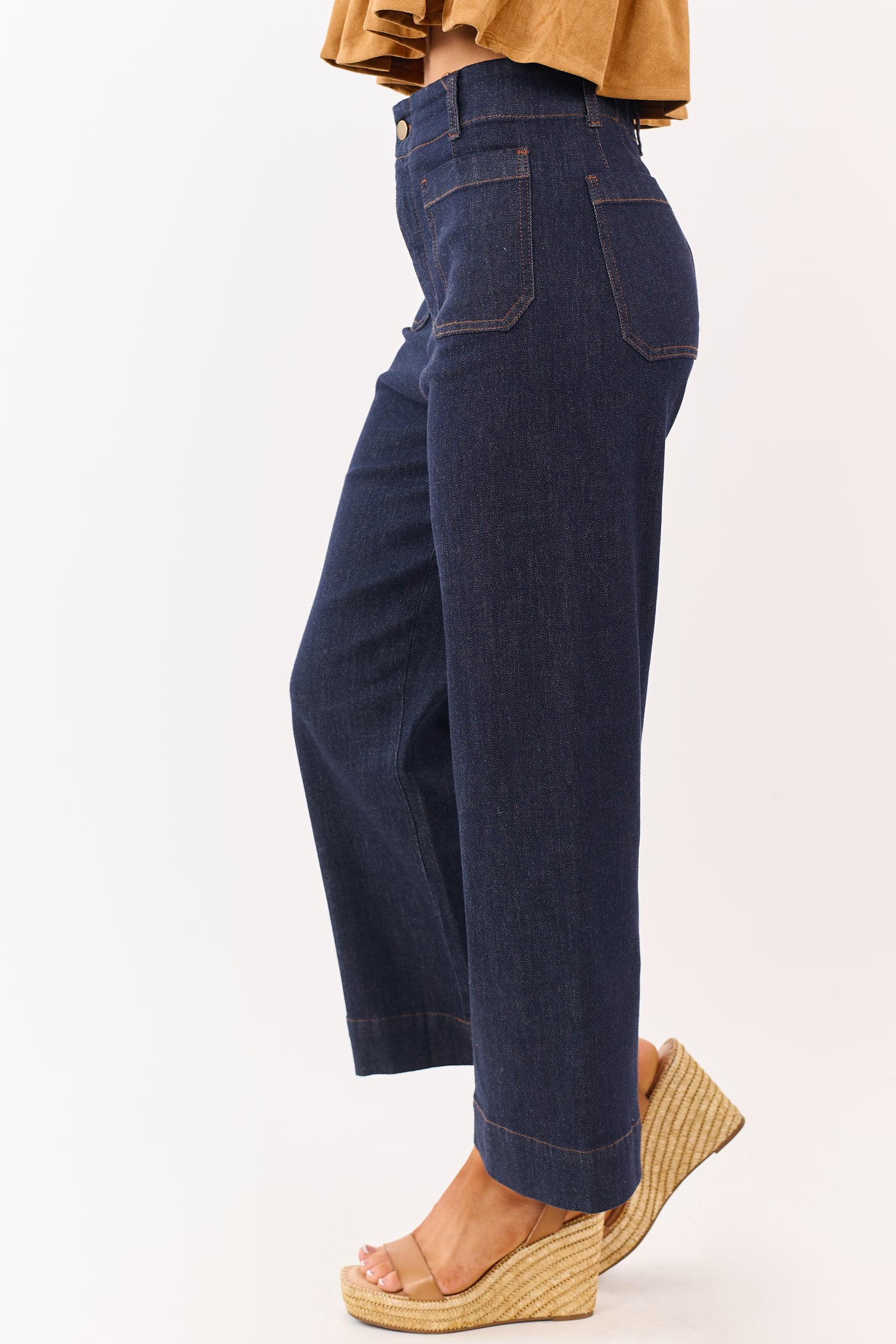 Dark Wash High Rise Patch Pocket Wide Denim Pants