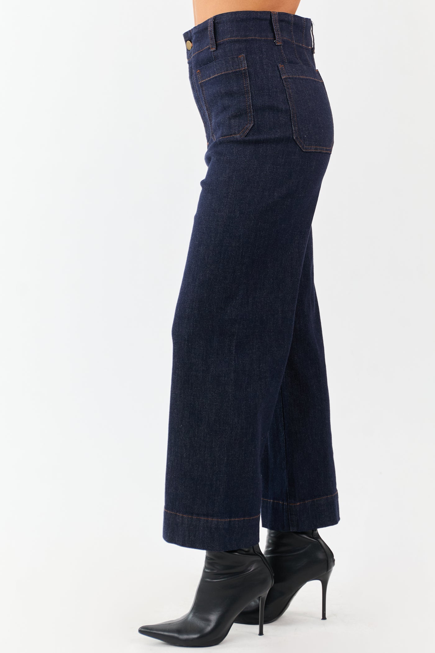 Dark Wash High Rise Patch Pocket Wide Denim Pants
