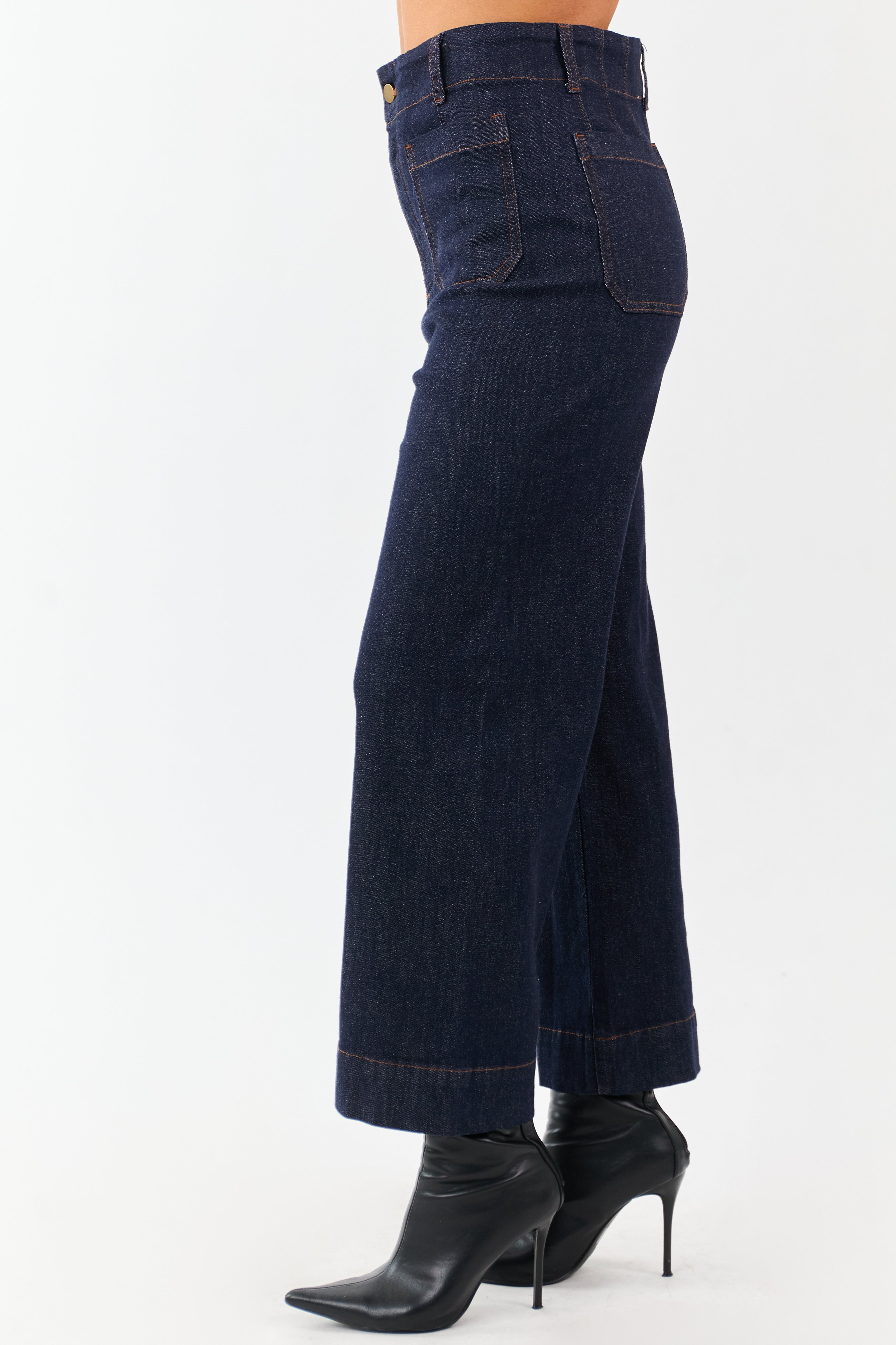 Dark Wash High Rise Patch Pocket Wide Denim Pants