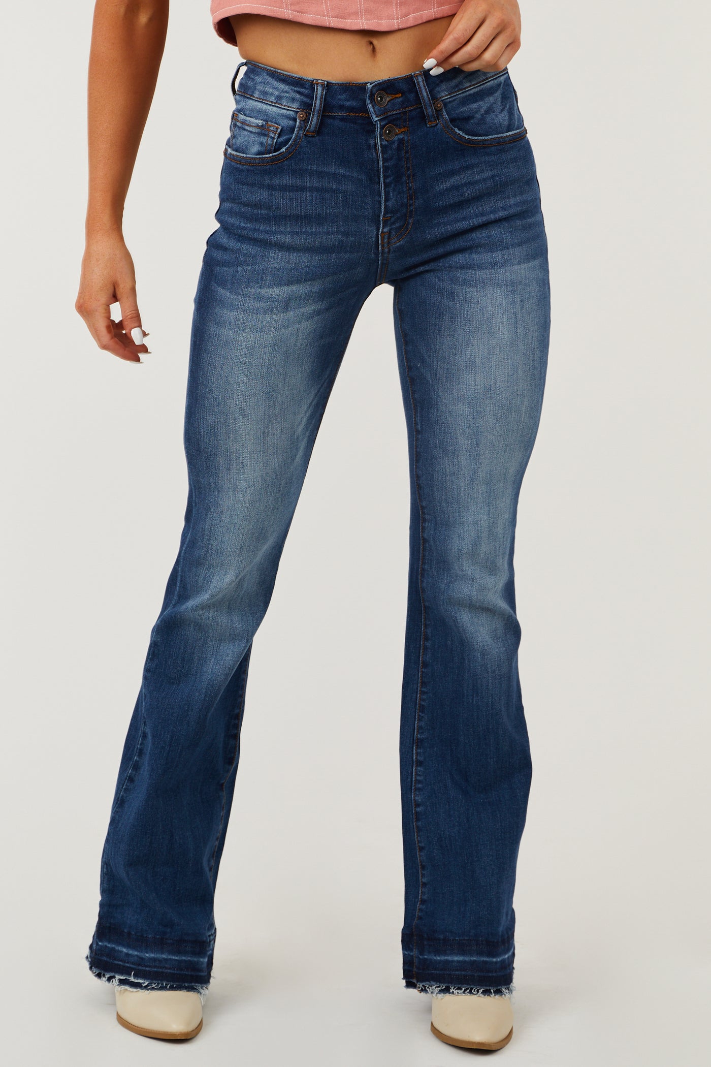 Special A Dark Wash High Rise Tiered Hem Bootcut Jeans | Lime Lush