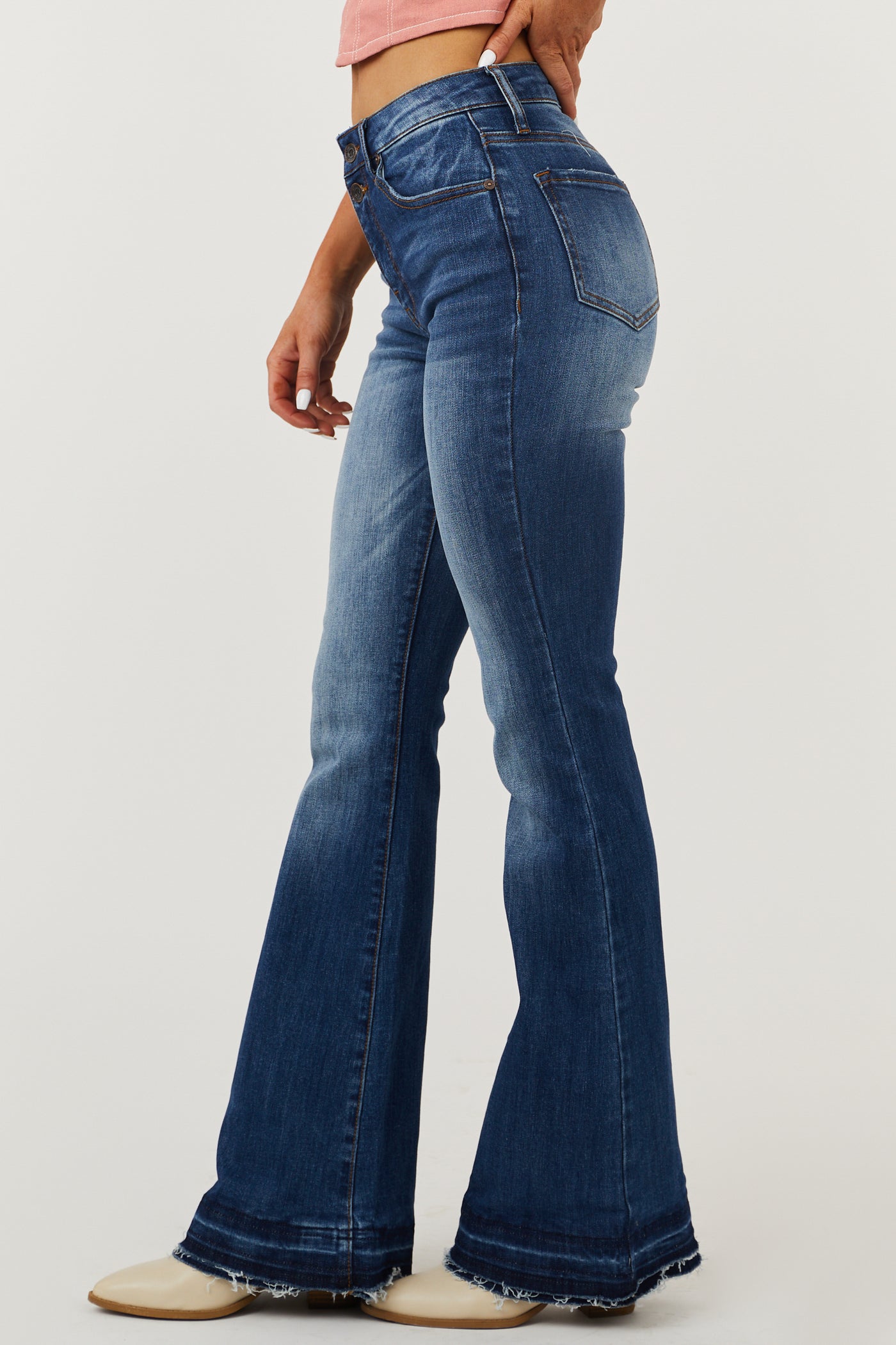 Special A Dark Wash High Rise Tiered Hem Bootcut Jeans | Lime Lush