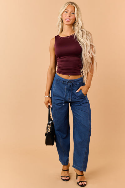 Dark Wash High Waisted Drawstring Wide Crop Pants