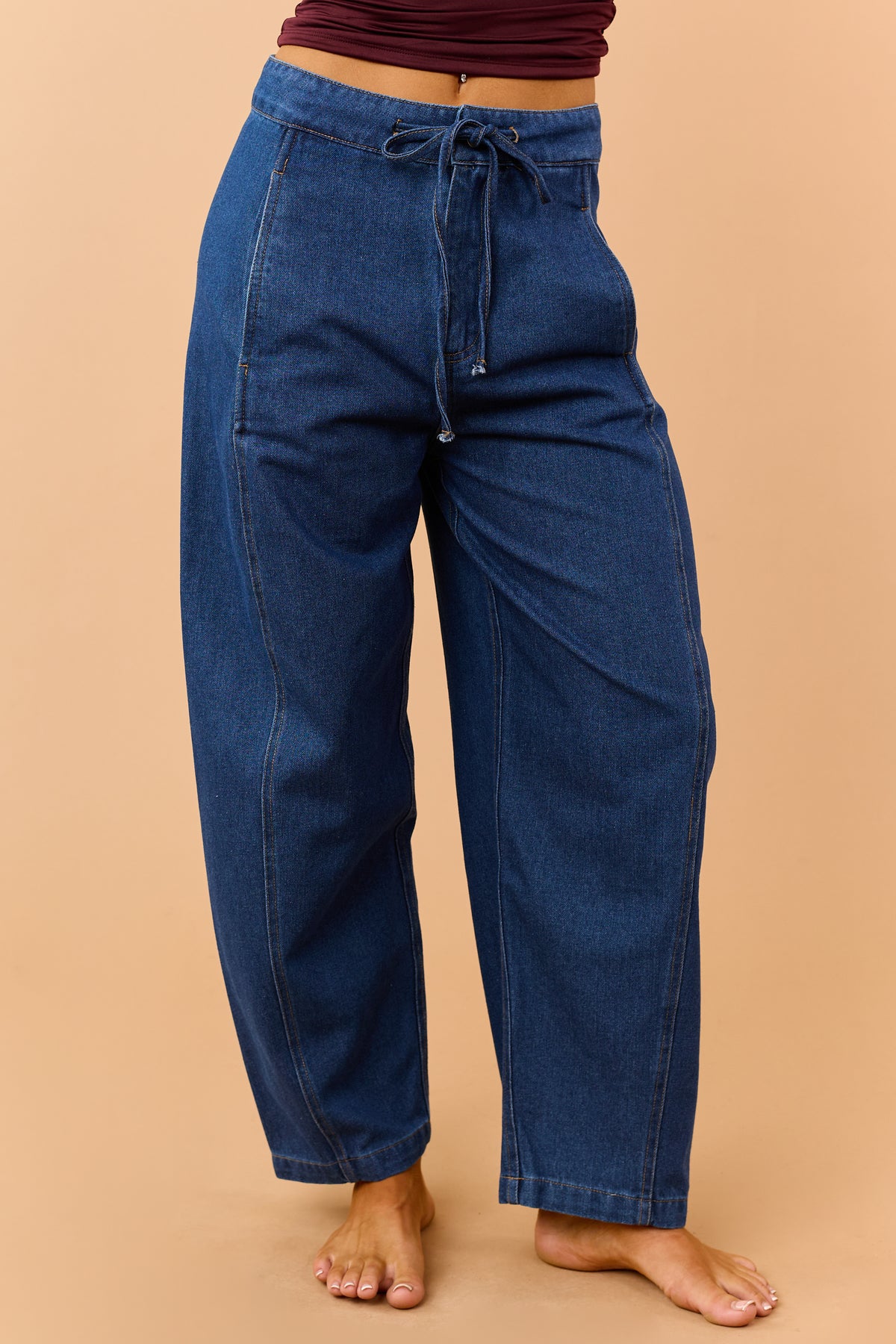 Dark Wash High Waisted Drawstring Wide Crop Pants