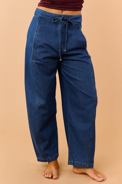 Dark Wash High Waisted Drawstring Wide Crop Pants