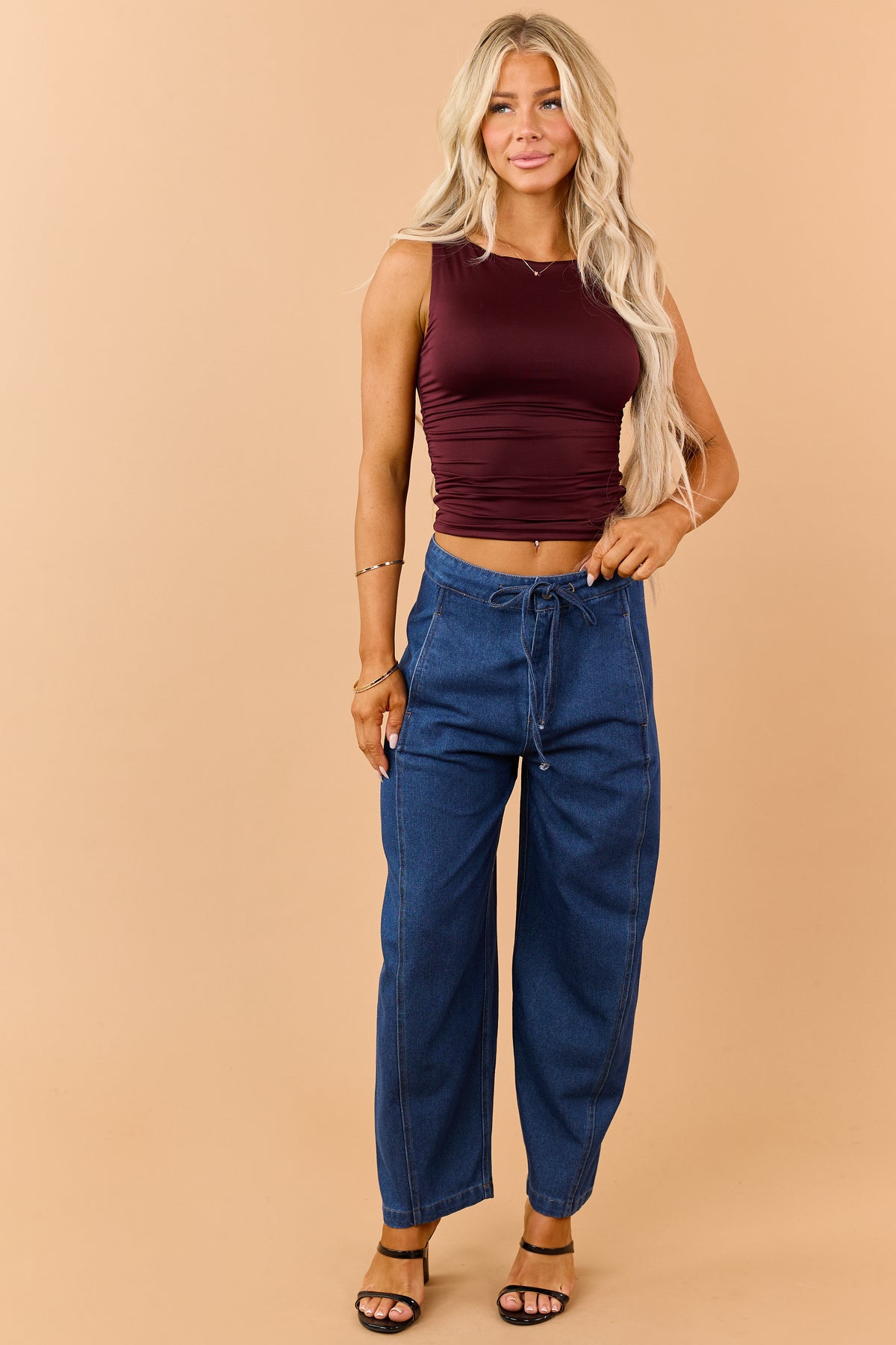 Dark Wash High Waisted Drawstring Wide Crop Pants