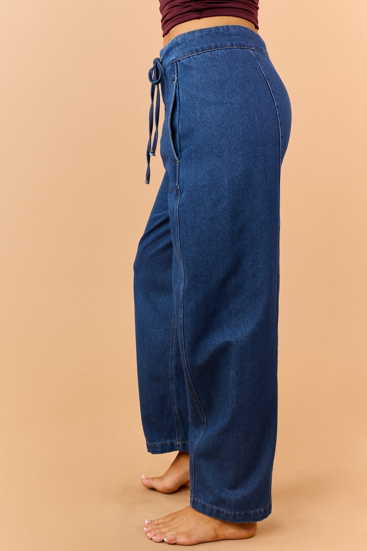 Dark Wash High Waisted Drawstring Wide Crop Pants