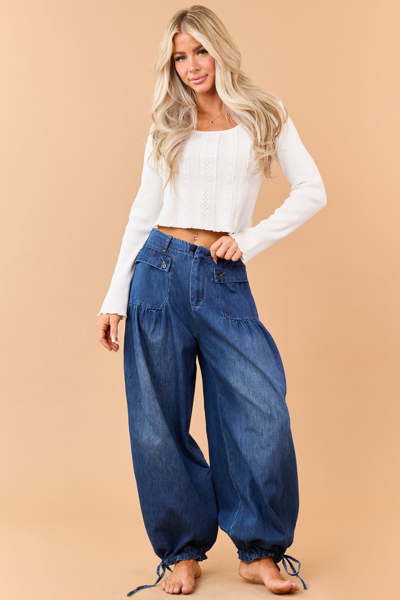 Dark Wash Lightweight Denim Tie Hem Wide Pants