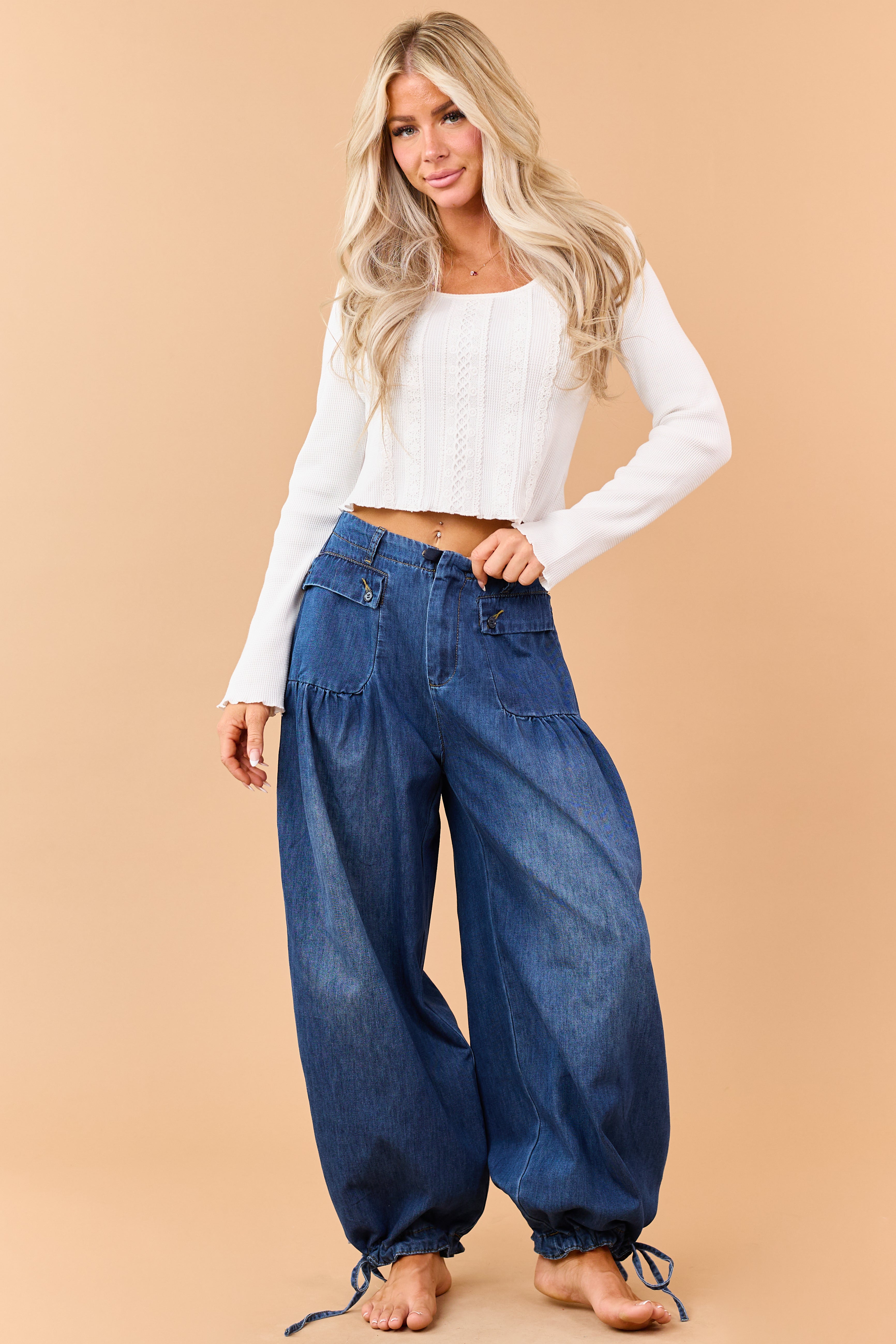 Dark Wash Lightweight Denim Tie Hem Wide Pants