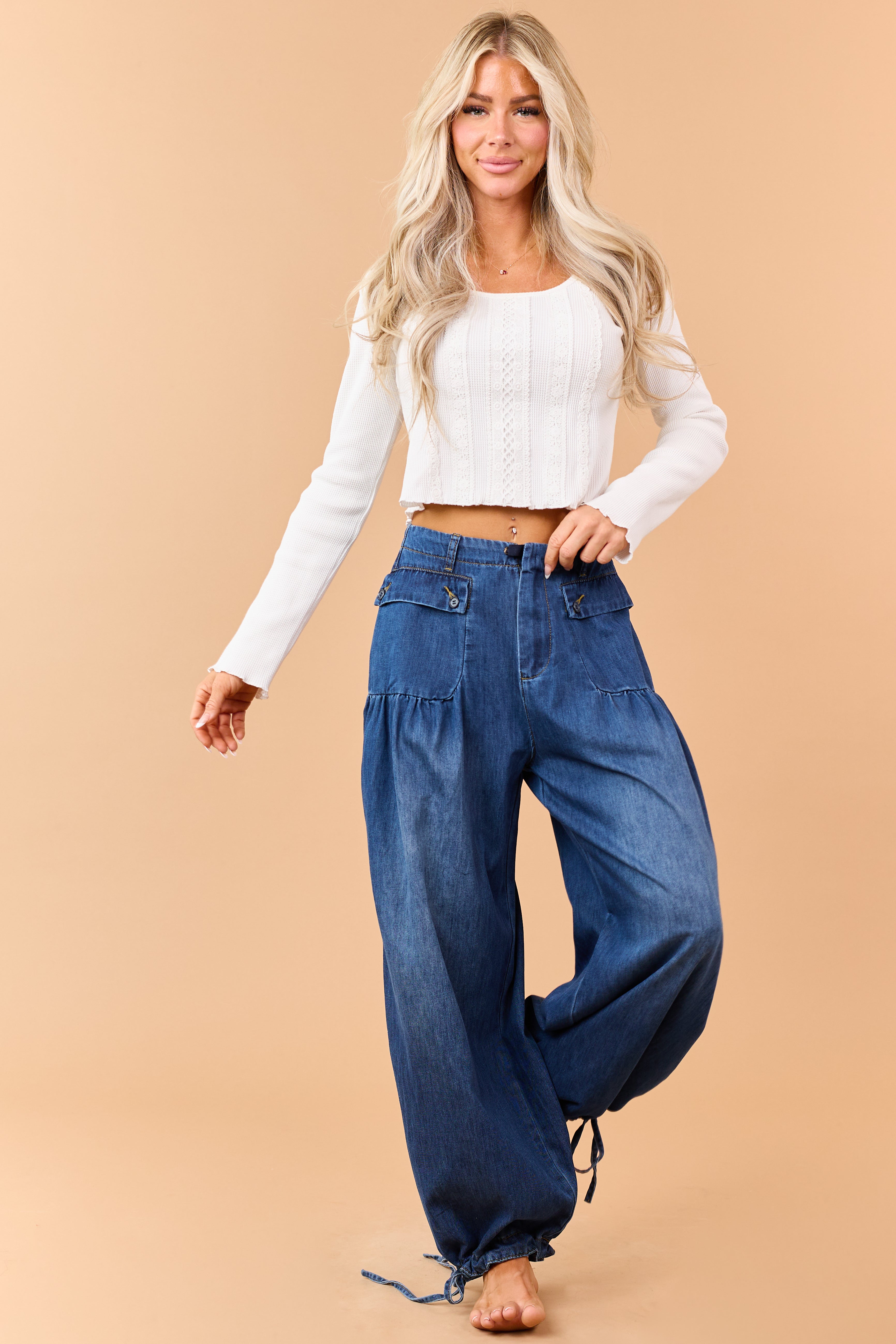 Dark Wash Lightweight Denim Tie Hem Wide Pants