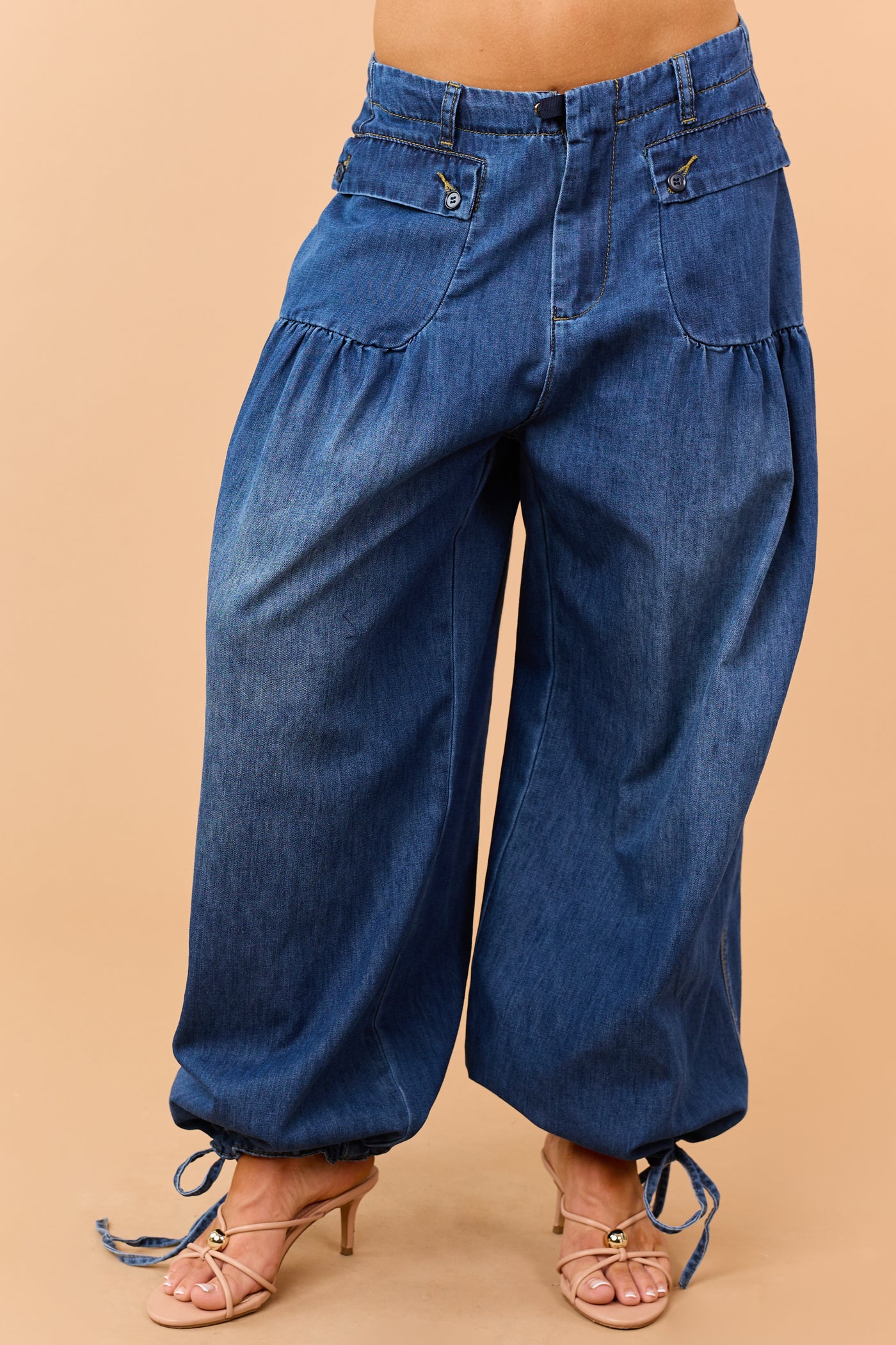 Dark Wash Lightweight Denim Tie Hem Wide Pants