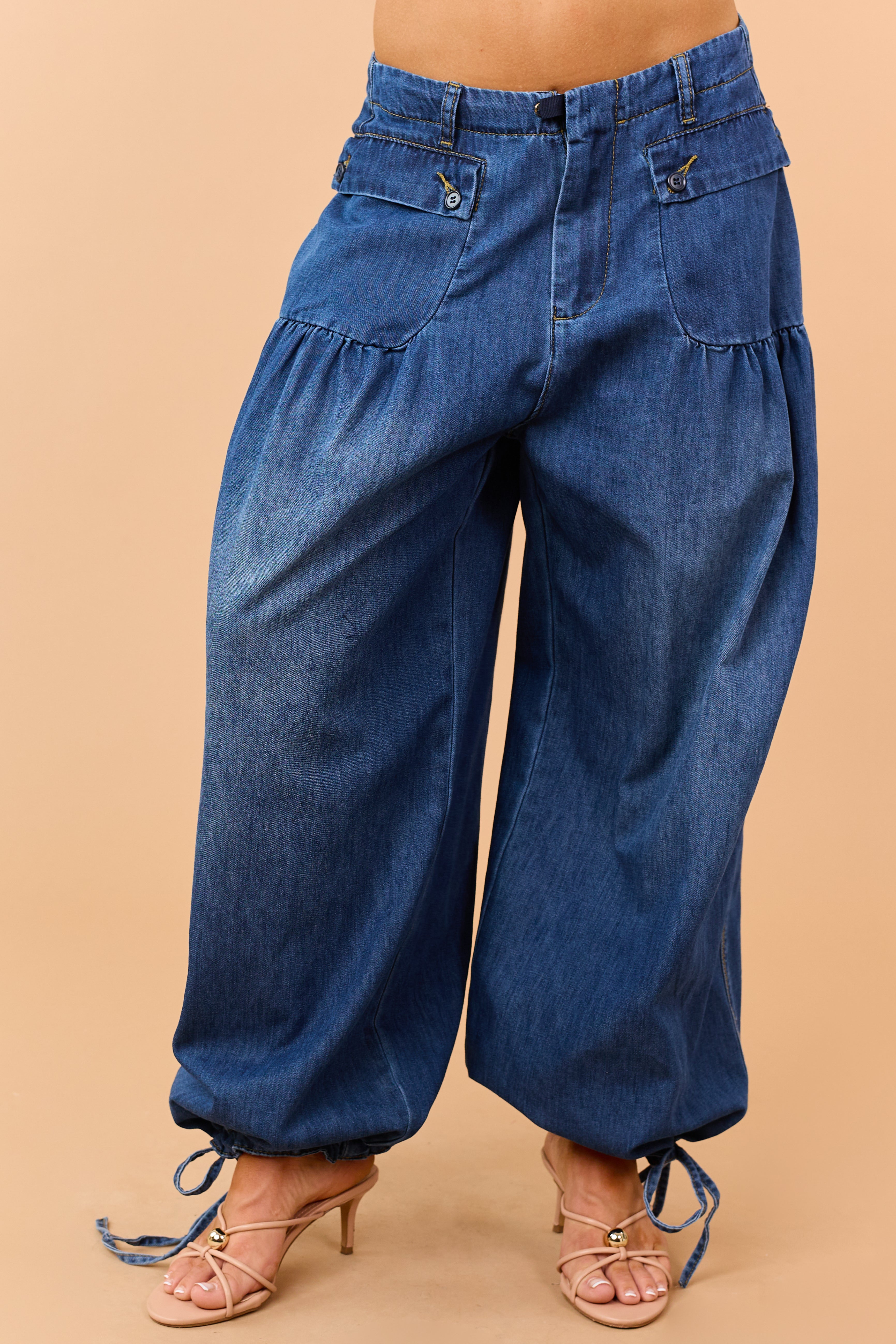 Dark Wash Lightweight Denim Tie Hem Wide Pants