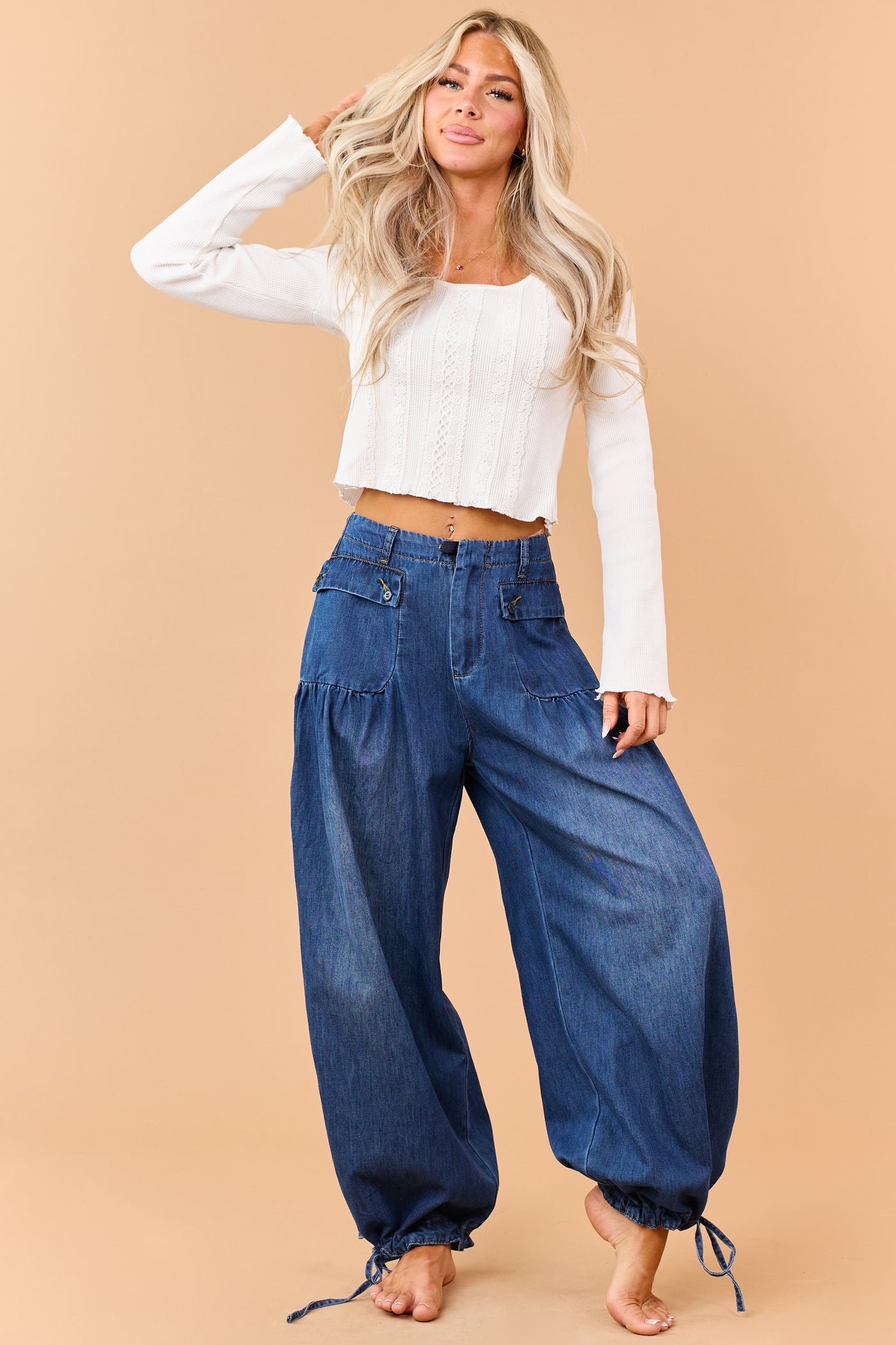 Dark Wash Lightweight Denim Tie Hem Wide Pants