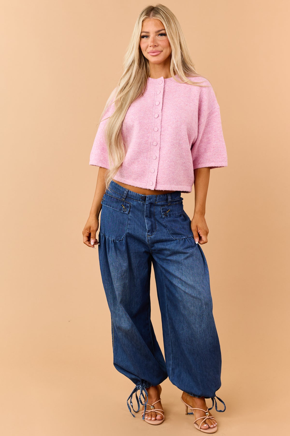 Dark Wash Lightweight Denim Tie Hem Wide Pants