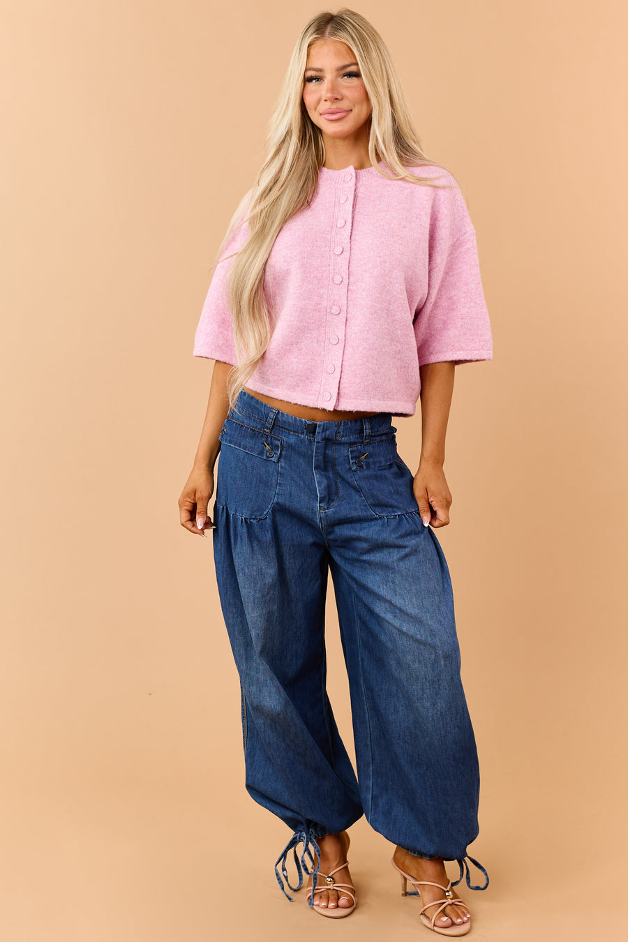 Dark Wash Lightweight Denim Tie Hem Wide Pants