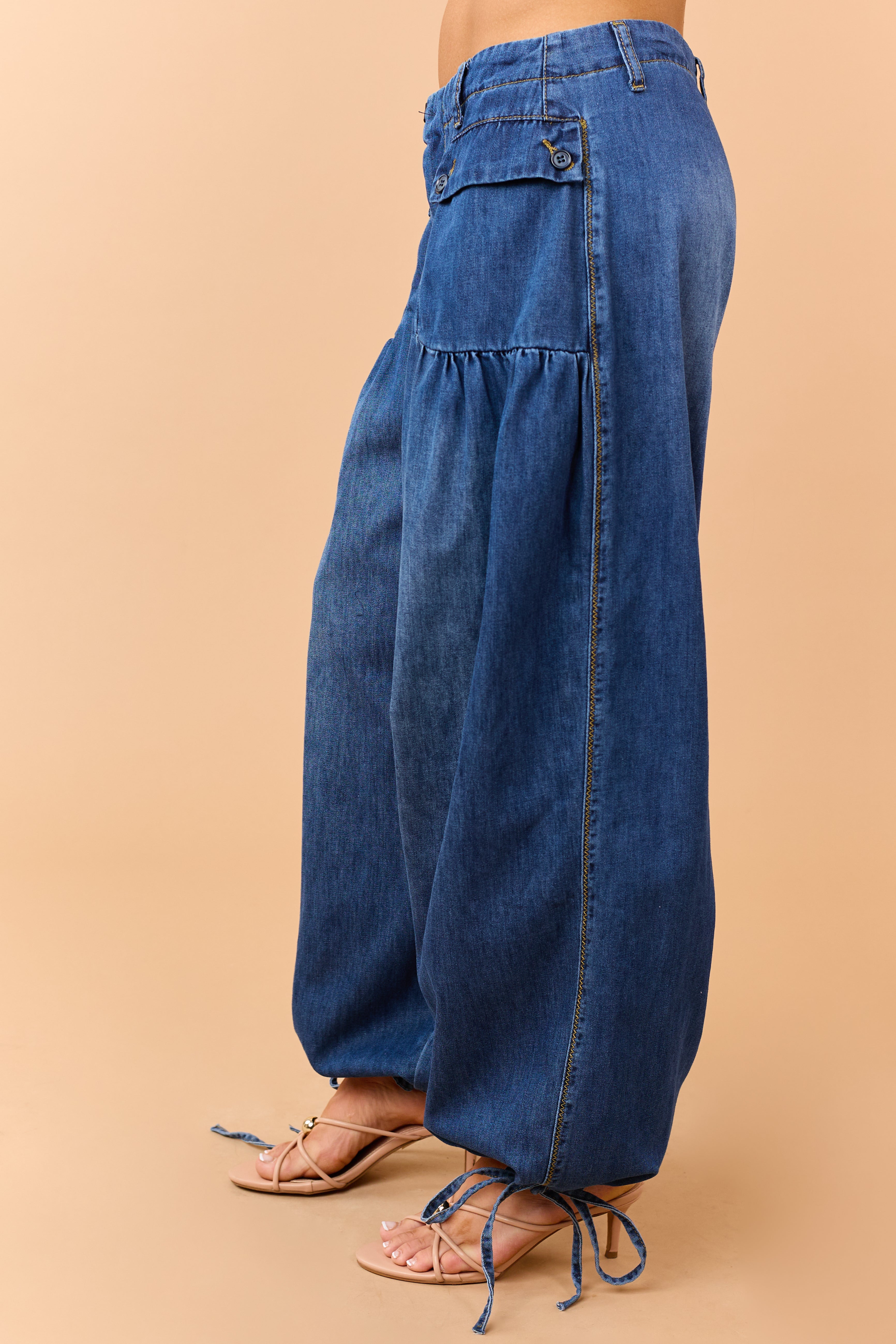 Dark Wash Lightweight Denim Tie Hem Wide Pants