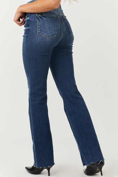 Dark Wash Mid Rise Bootcut Raw Hem Jeans
