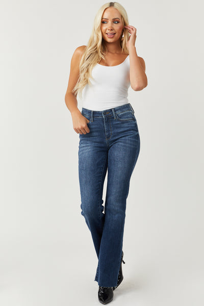 Dark Wash Mid Rise Bootcut Raw Hem Jeans