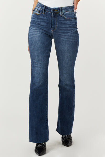 Dark Wash Mid Rise Bootcut Raw Hem Jeans