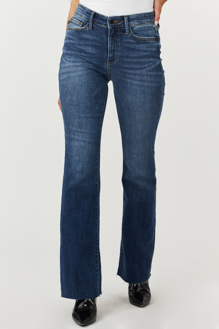 Dark Wash Mid Rise Bootcut Raw Hem Jeans