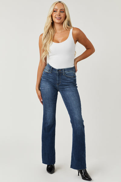 Dark Wash Mid Rise Bootcut Raw Hem Jeans