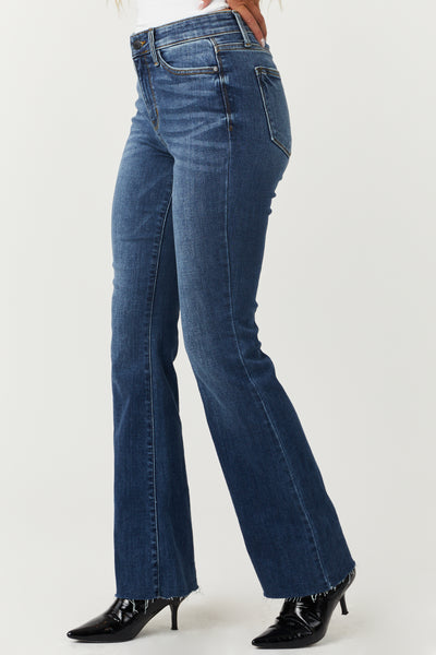 Dark Wash Mid Rise Bootcut Raw Hem Jeans