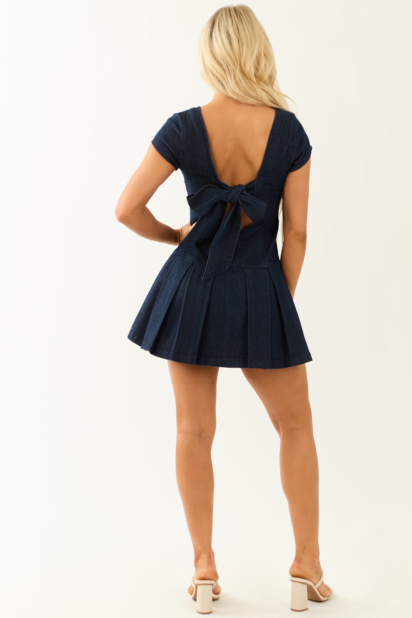 Dark Wash Open Back Cap Sleeve Mini Dress Dark Wash Open Back Cap Sleeve Mini Dress