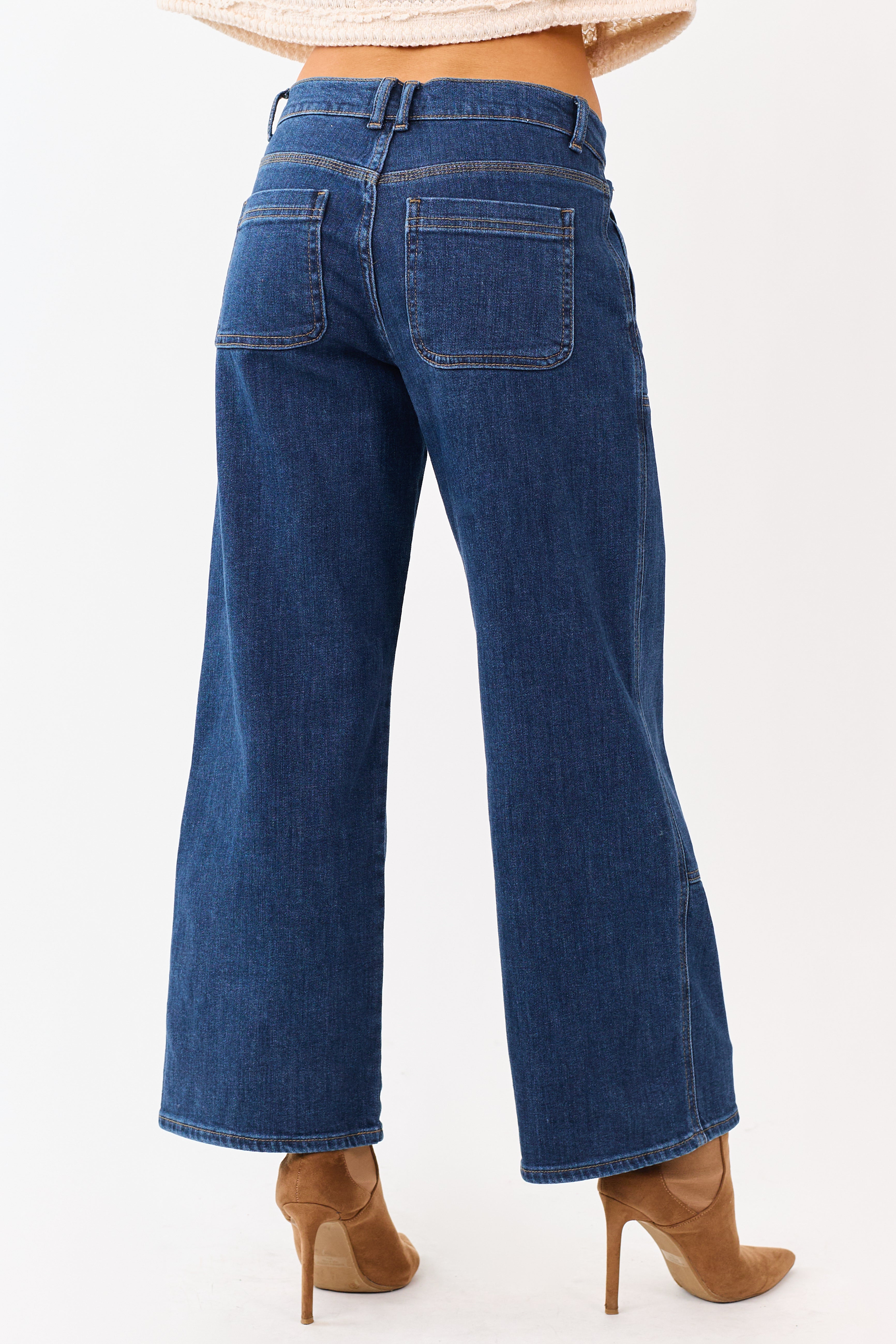 Dark Wash Patch Detail Stretchy Wide Leg Jeans