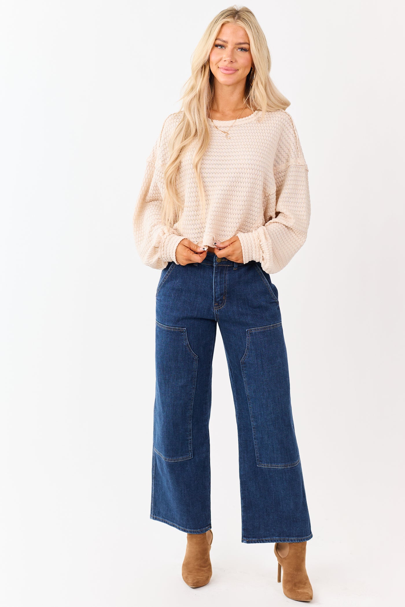 Dark Wash Patch Detail Stretchy Wide Leg Jeans