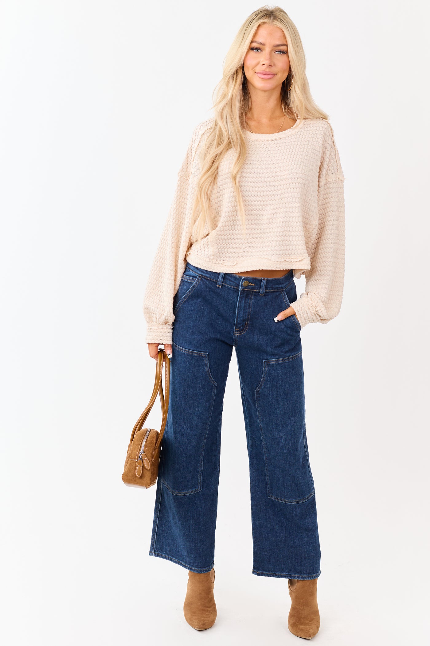 Dark Wash Patch Detail Stretchy Wide Leg Jeans