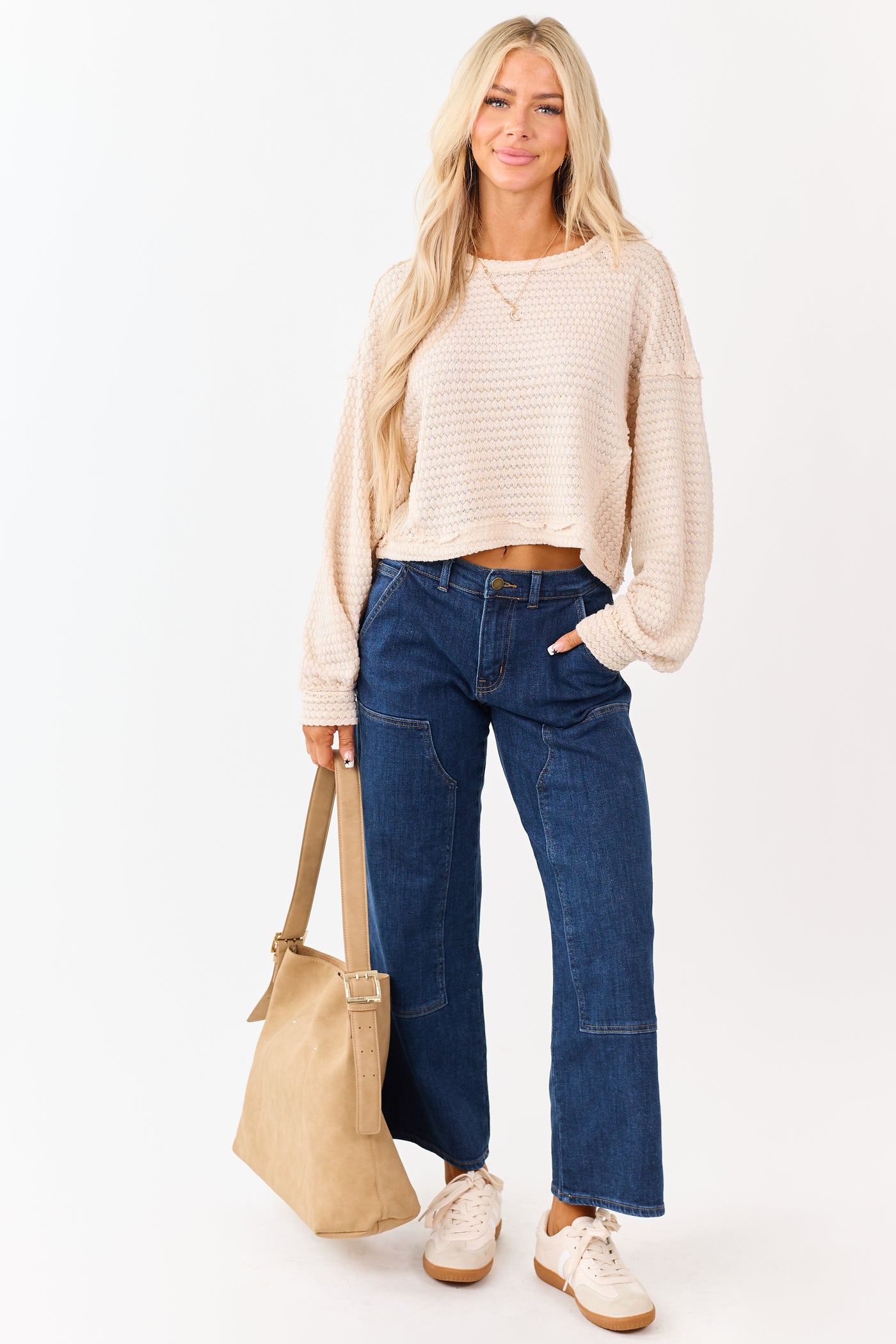 Dark Wash Patch Detail Stretchy Wide Leg Jeans